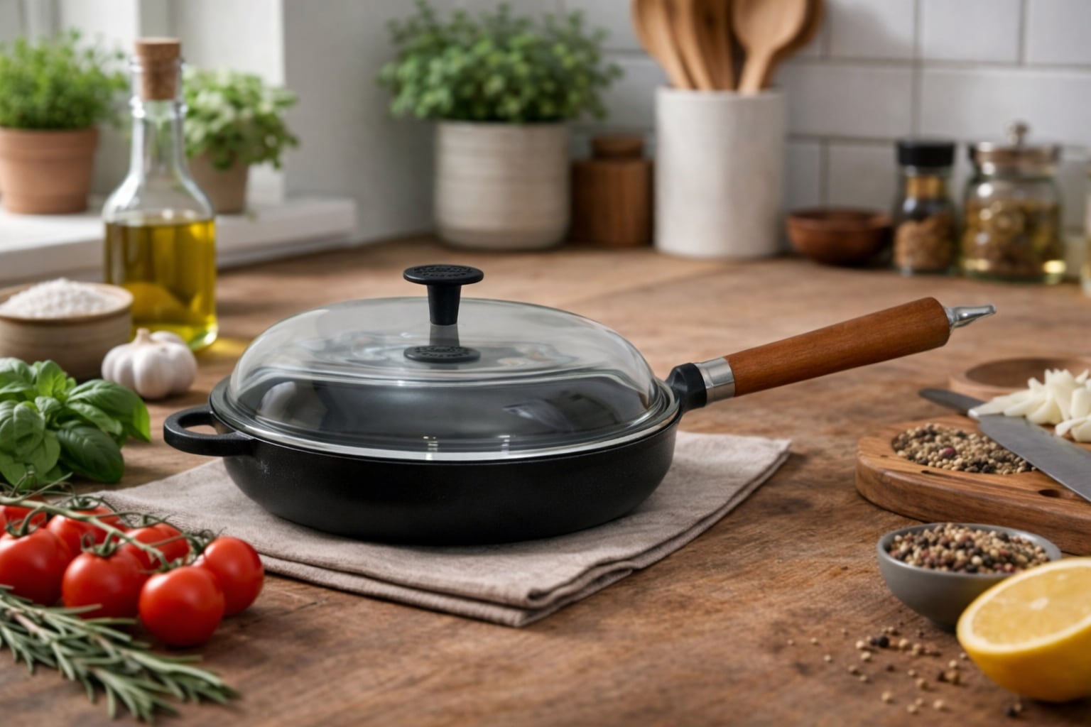 Ronneby Bruk Bratpfanne »Maestro, hoch, Ø 28 cm, mit Glasdeckel, Holzgriff & Gegengriff« Gusseisen 1 tlg.