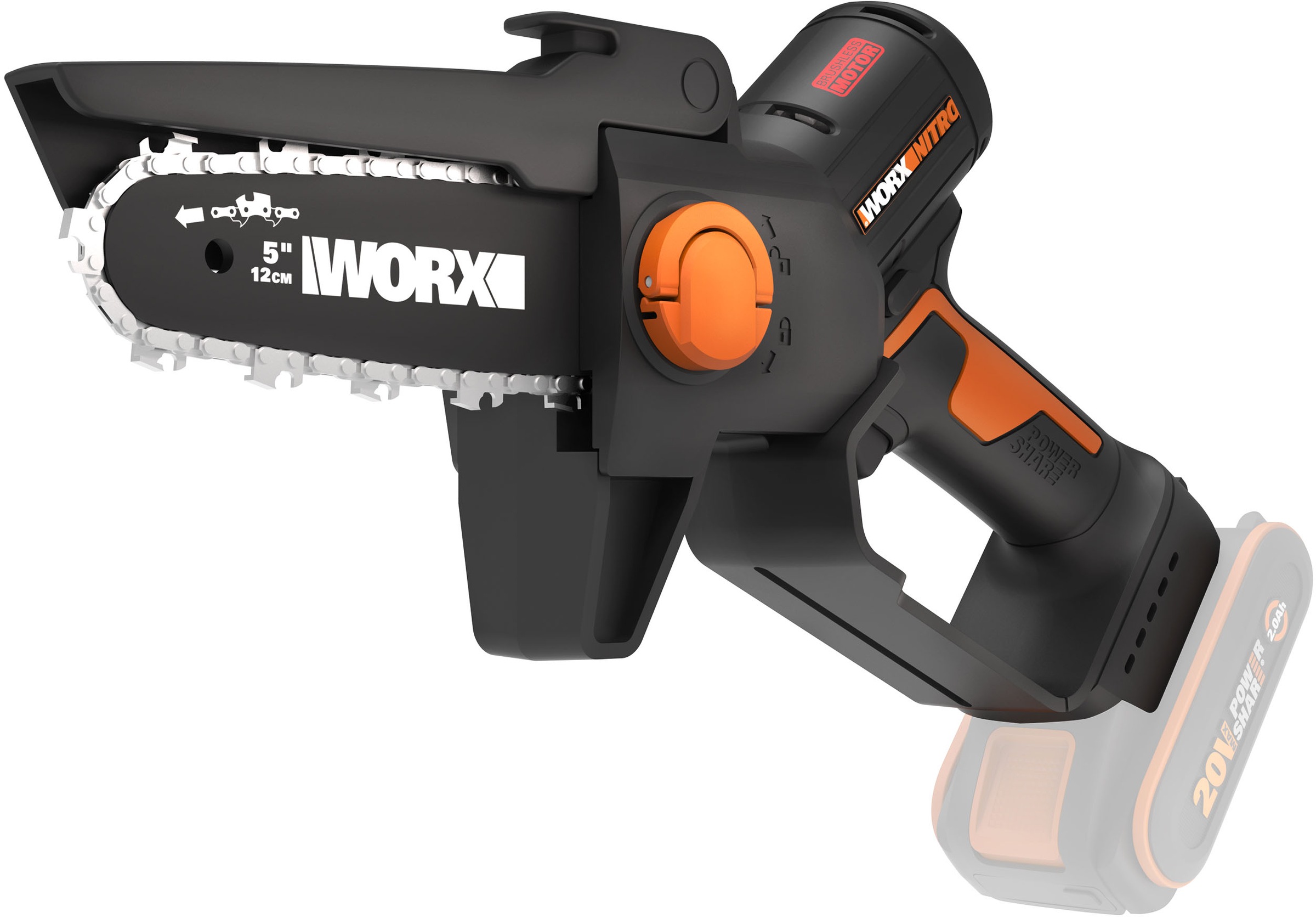 Worx Akku-Kettensäge "WG325E.9 NITRO Profi Mini", Einhand Astsäge, Brushless Motor, ohne Akku und Ladegerät