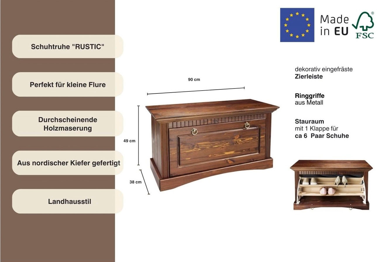 Home affaire Schuhtruhe »Rustic«, aus massiver Kiefer, Sithöhe 49 cm, mit Kassetenoptik