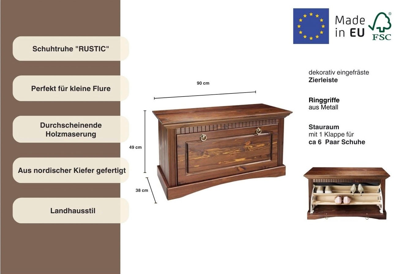 Thumbnail - Home affaire Schuhtruhe "Rustic", aus massiver Kiefer, Sitzhöhe 49 cm, mit Kassettenoptik