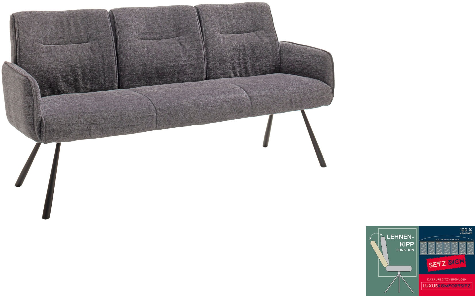 Sitzbank MCA FURNITURE "Delane", anthrazit, schwarz, B:183cm H:92cm T:67cm, Metall, Stoff, Sitzbänke, Sitzbank, Taschenfederkern, Lehnenkippfunktion, Armlehnen, beweglicher Rücken