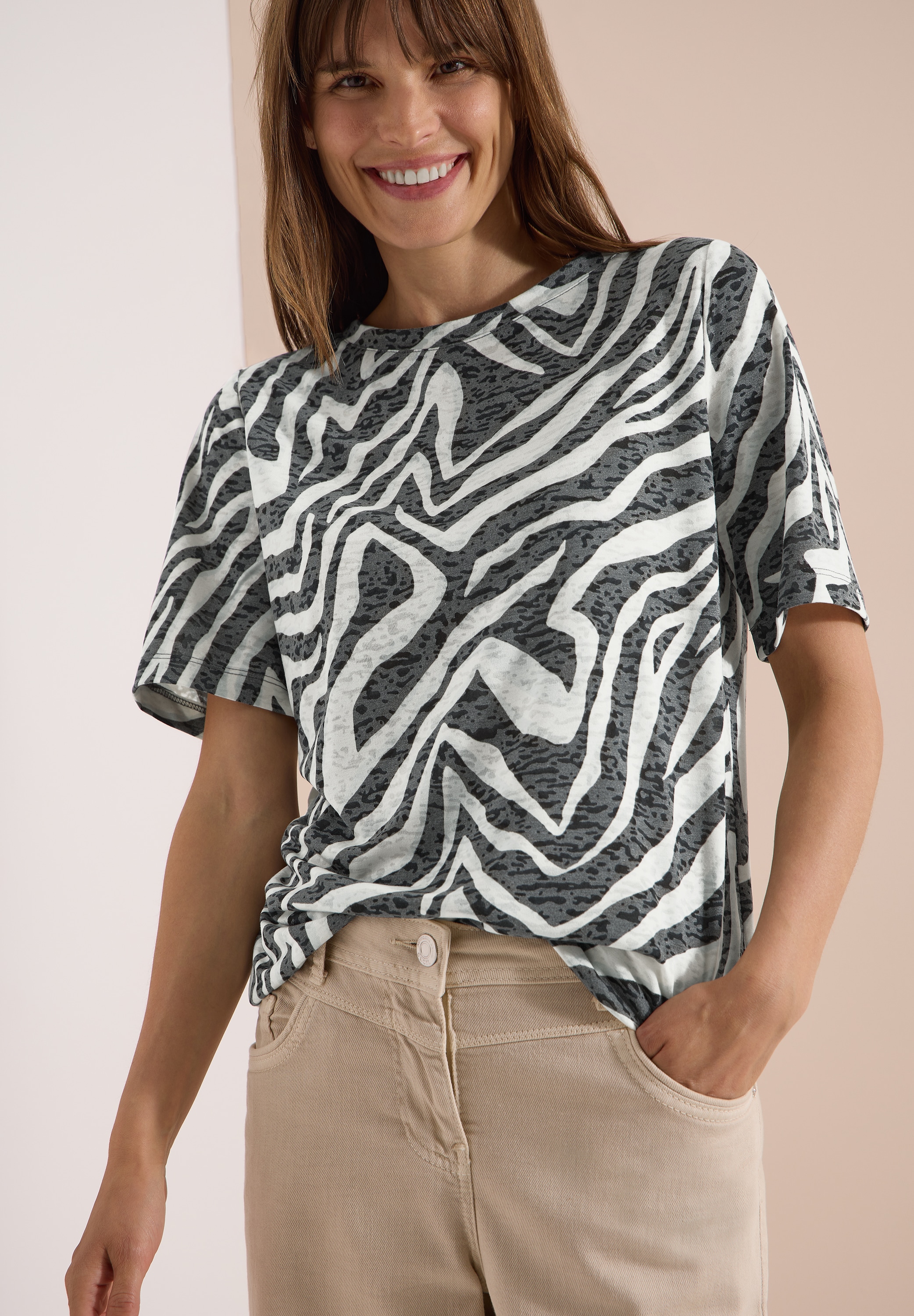 Cecil Print-Shirt Ausbrenner-Optik, elastischer Saum, Viskosemix
