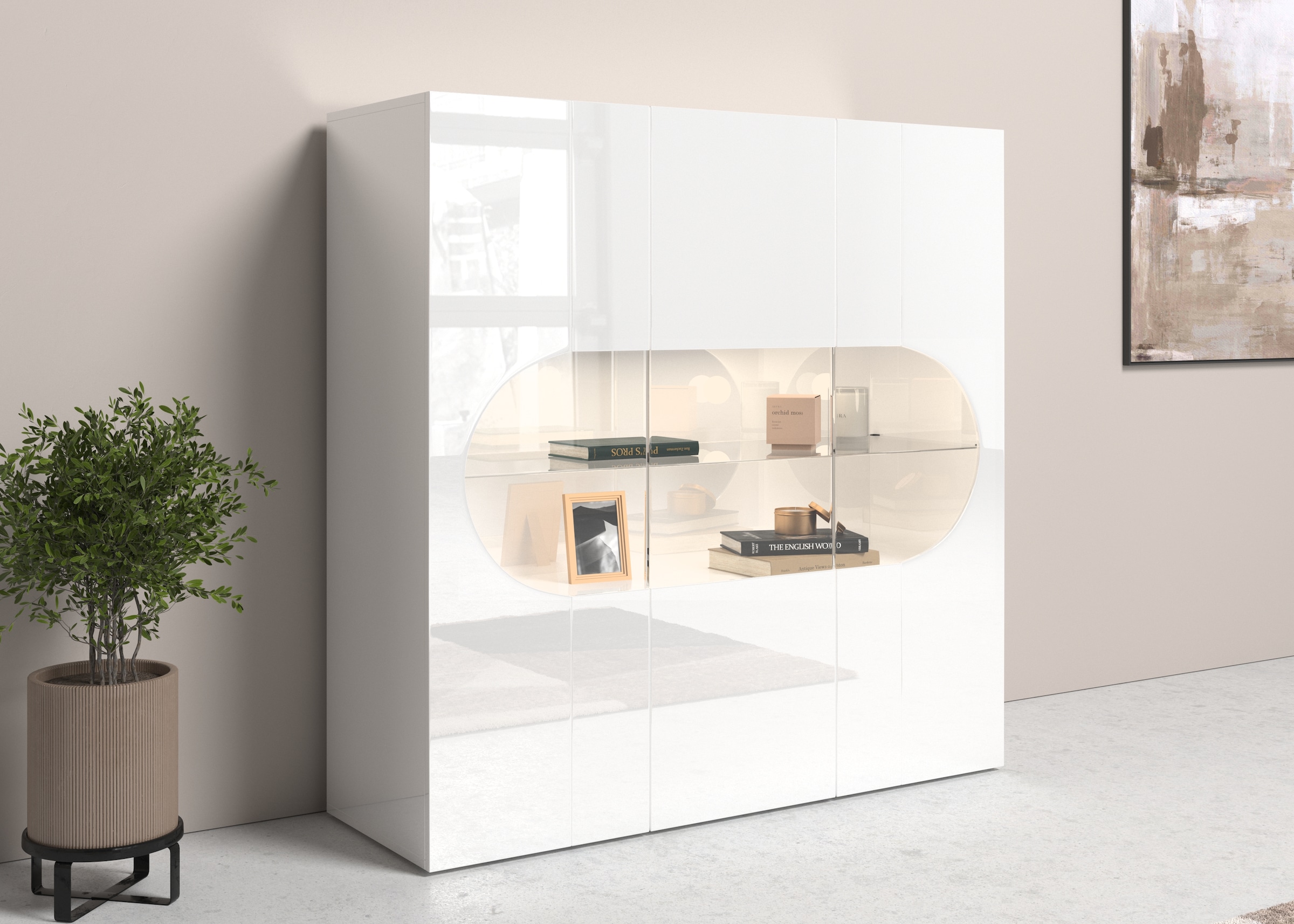 INOSIGN Highboard »Real,Highboard,Kommode,Schrank mit 3 Türen,komplett hochglanz lackiert«, mit 3 Türen, davon 2 aus Glas, mit einer großen Glasablage im Inneren