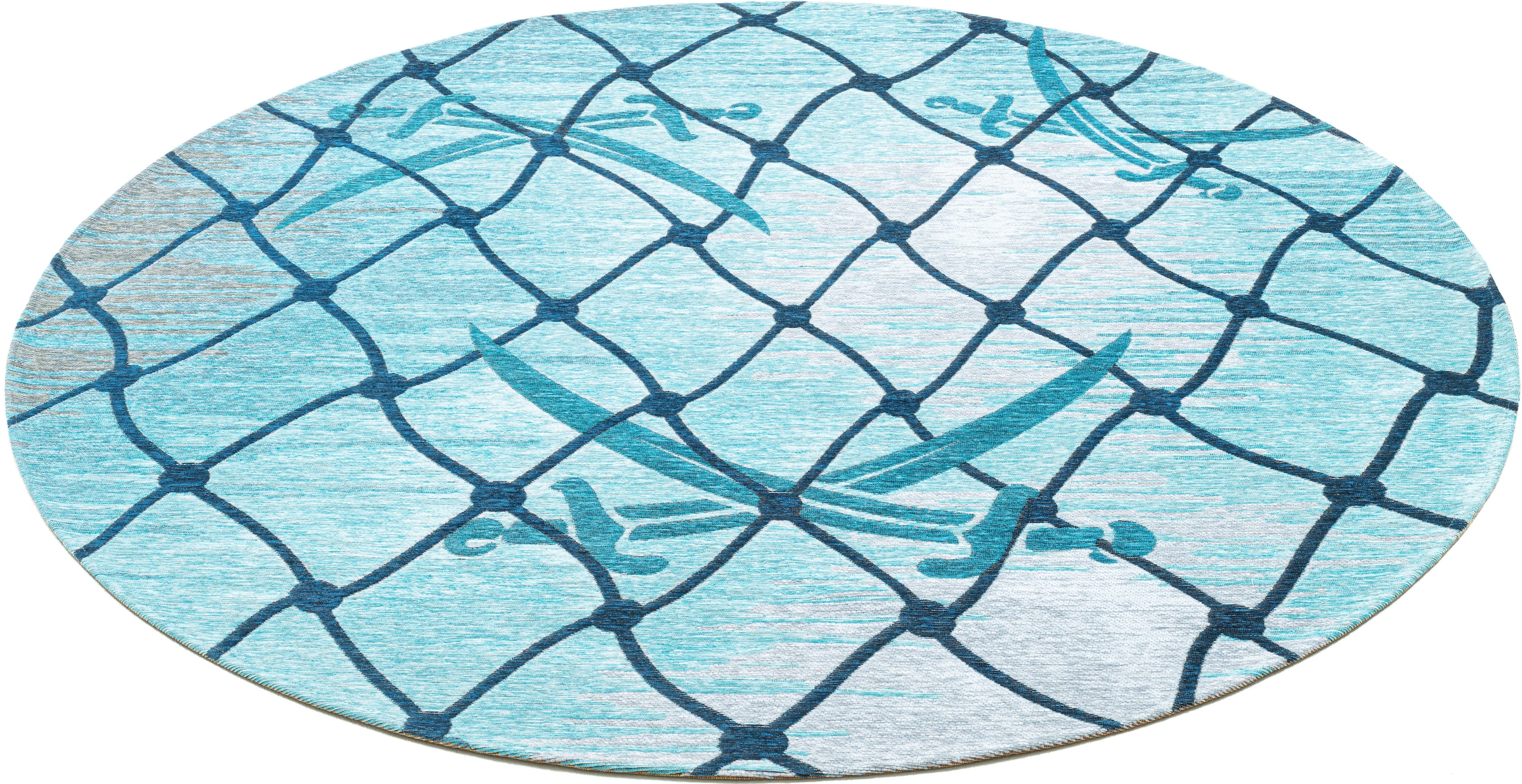 Sansibar Teppich »Keitum 005«, rund, 3 mm Höhe, Flachgewebe, modernes Design, Motiv Fischernetz & gekreuzte Säbel