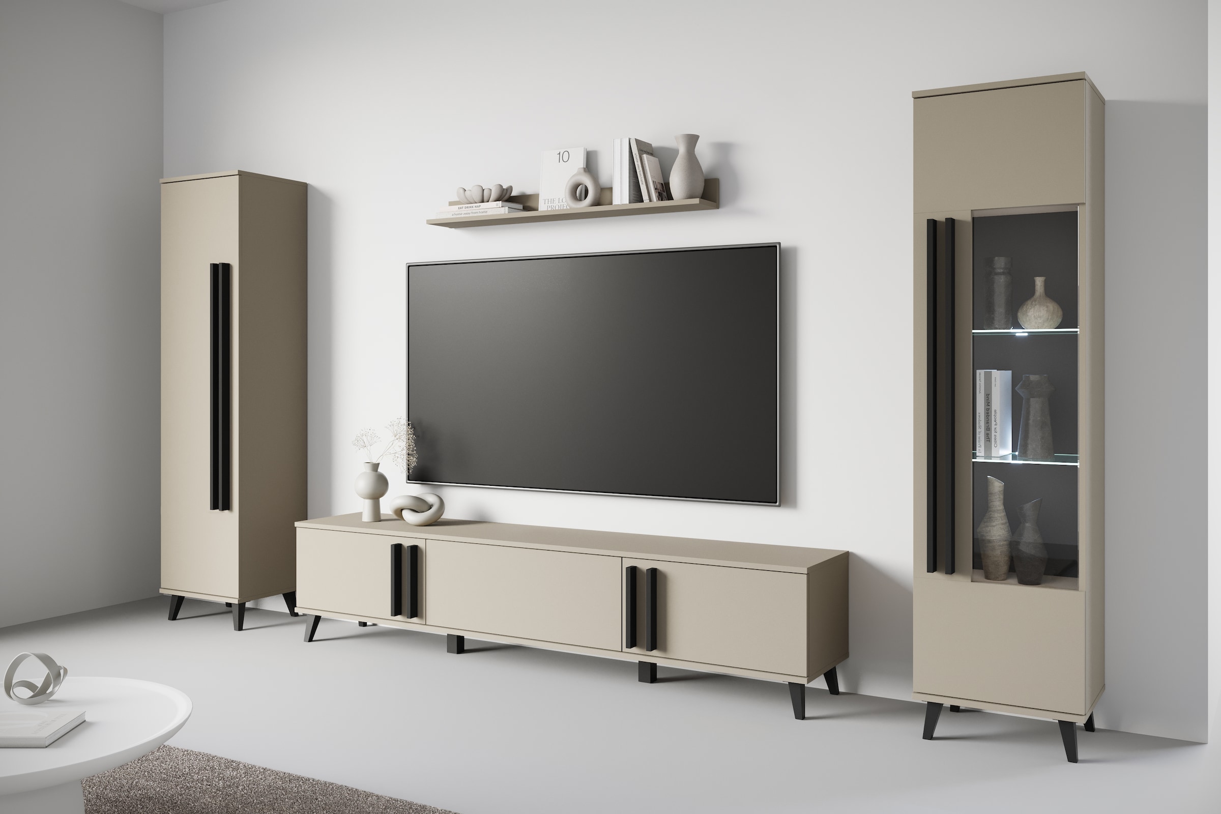 INOSIGN Wohnwand »Helsinki, Modernes Set mit verglaster Vitrine«, (Komplett-Set, 4 St.), mit lamellengriffen, verstellbaren Einlegeböden und Kunststofffüßen