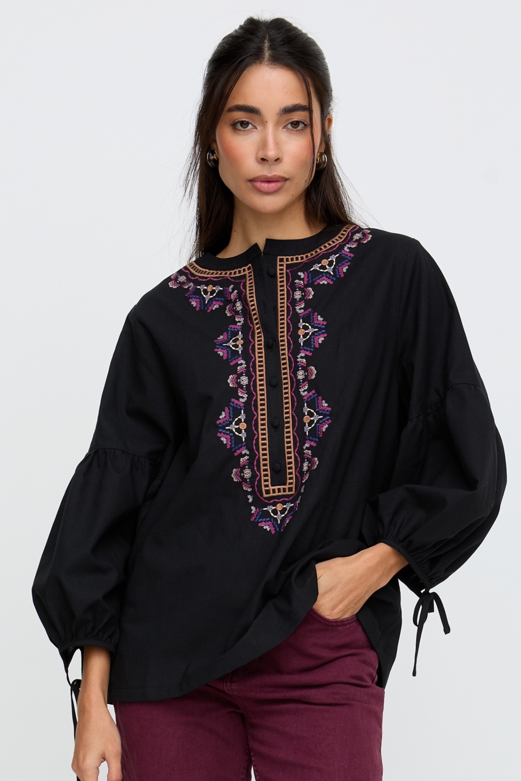 RAFFYA Hemdbluse "Anai Half Placket Embroidered Blouse Damen" günstig online kaufen