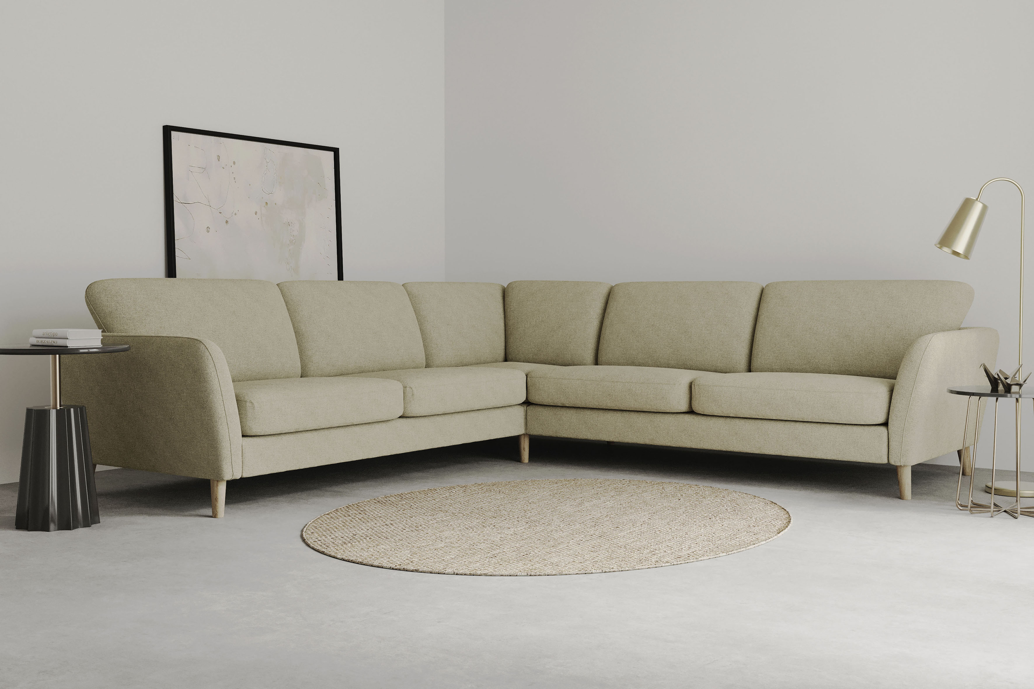 OTTO home Ecksofa "MARSEILLE 278/278 cm, L-Form, Webstoff, Flachgewebe, Filzoptik" gleichschenklig, Massivholzbeine, Landhausstil, Wellenunterfederung