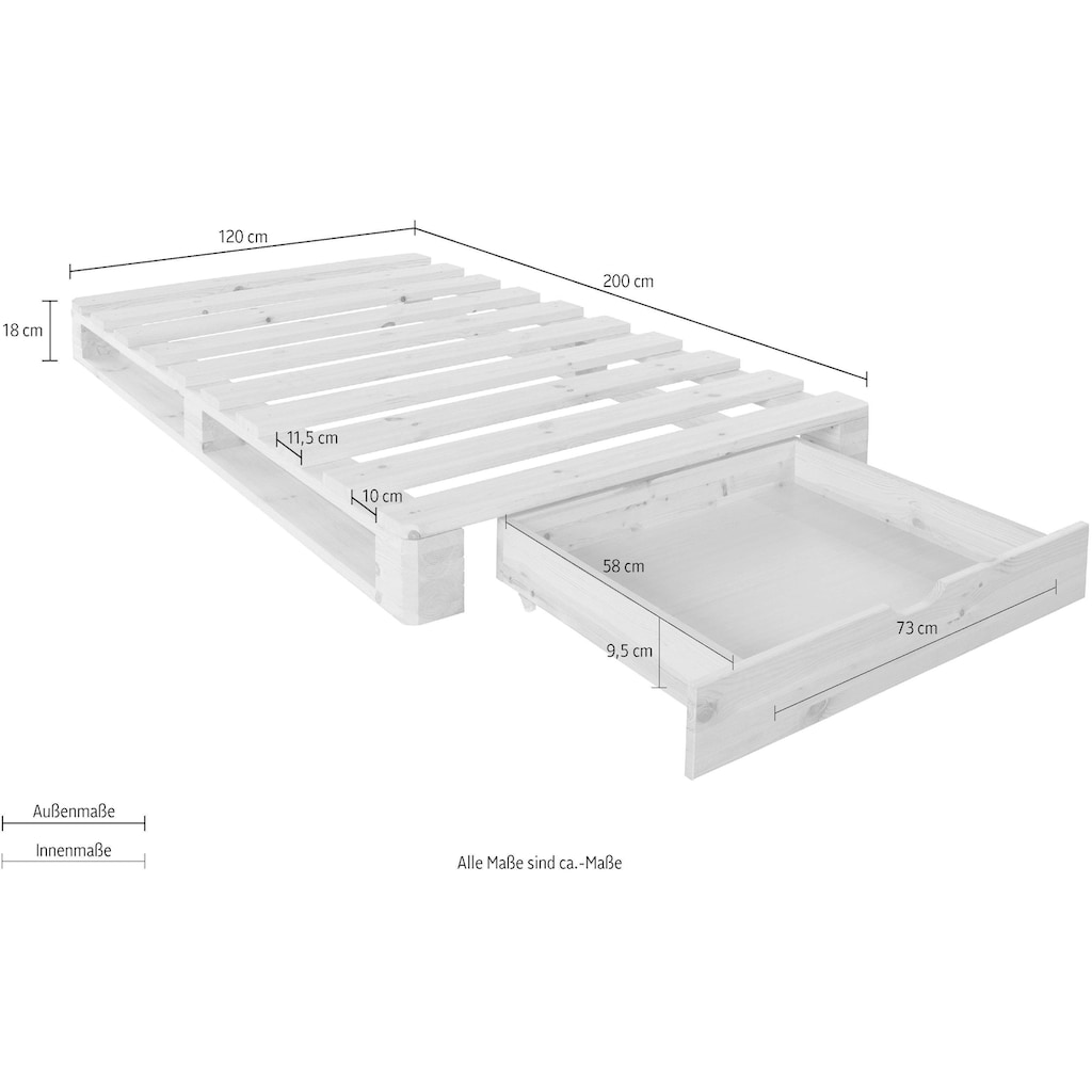 Home affaire Palettenbett »"ALASCO " BESTSELLER! Mit Schublade«, zertifiziertes Massivholz, erweiterbar zum Doppel- oder Familienbett