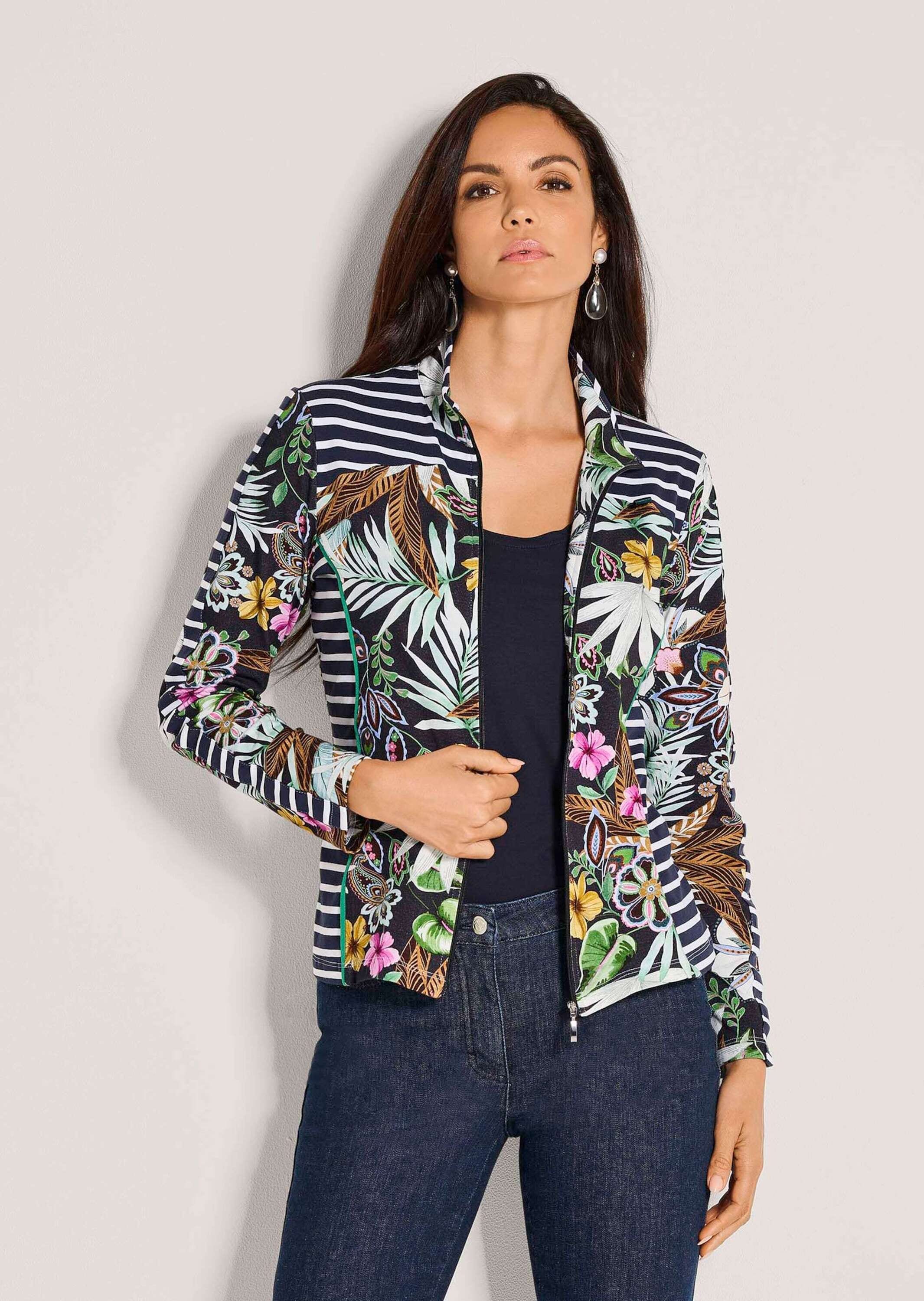 MADELEINE Langarmshirt »Shirtjacke Florale Baumwoll-Jacke mit Streifen, Langarm« Reißverschluss