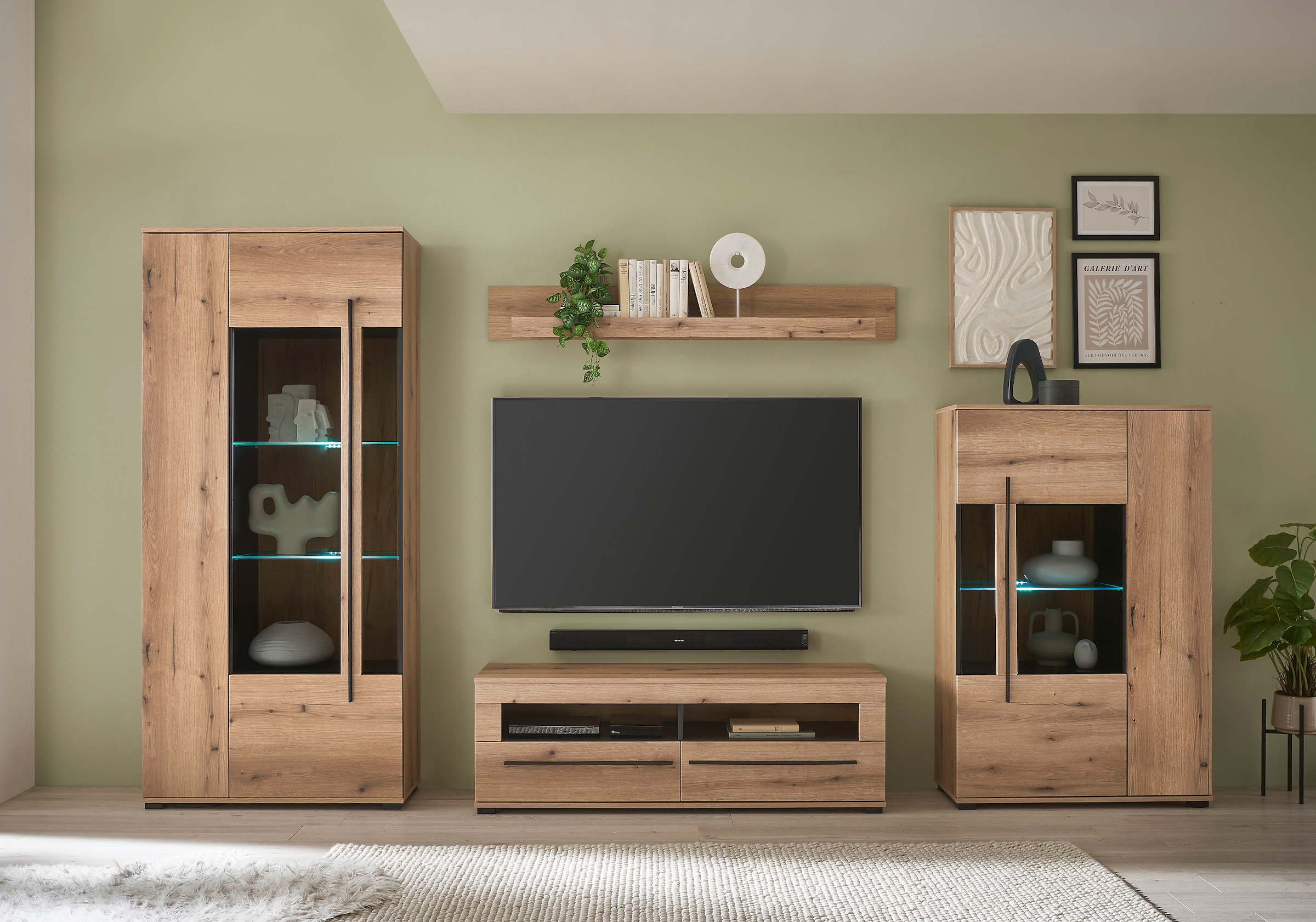INOSIGN Wohnwand »Cantara, moderne Anbauwand, Wohnzimmer-Set, in Eiche Evoke oder Weiß«, (Set), enthält zwei Vitrinen, ein Lowboard und ein Wandboard