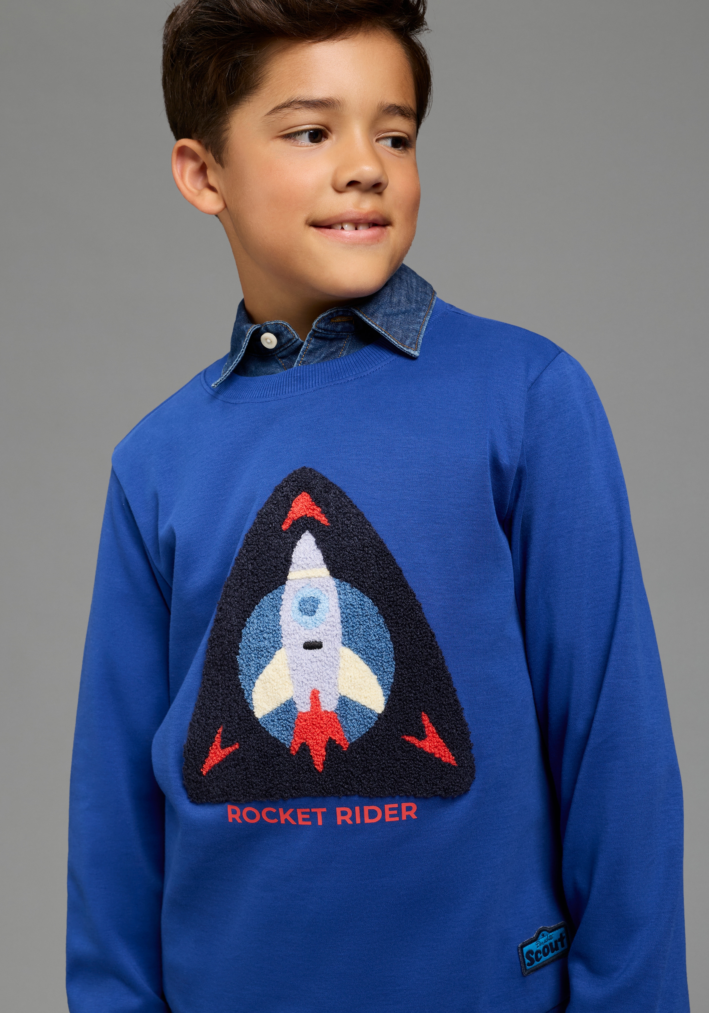 Scout Langarmshirt "Shirt mit Frottee-Applikation: Rocket Rider - NEU von SCOUT" Sweatshirt mit großer Raketen-Frottee Applikation