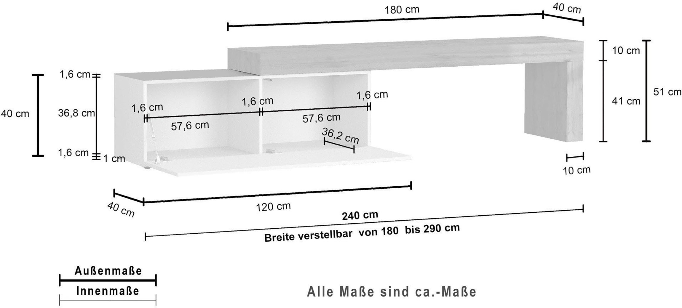 INOSIGN Lowboard »Chronos TV-Board, T-Schrank«, (1 St., Breite verstellbar von 180 bis 290 cm), Breite 240 cm TV-Board,Lowboard,1 Klappe und ein L-Förmiger Aufsatz