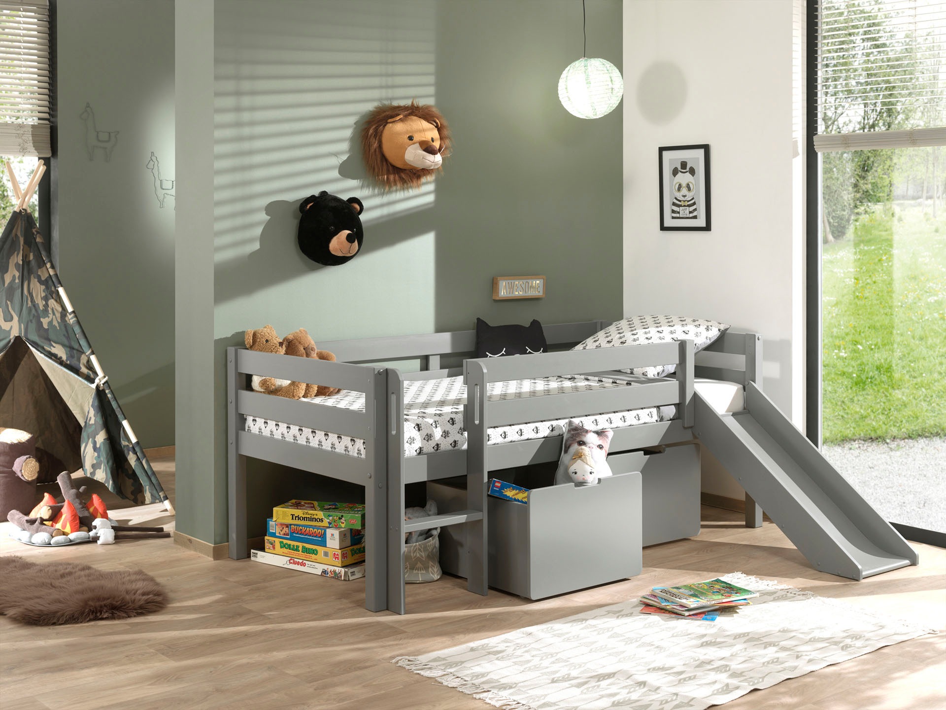 Vipack Spielbett "Pino, Kiefer massiv, mit Rolllattenrost, 2 Rollboxen, Mad günstig online kaufen