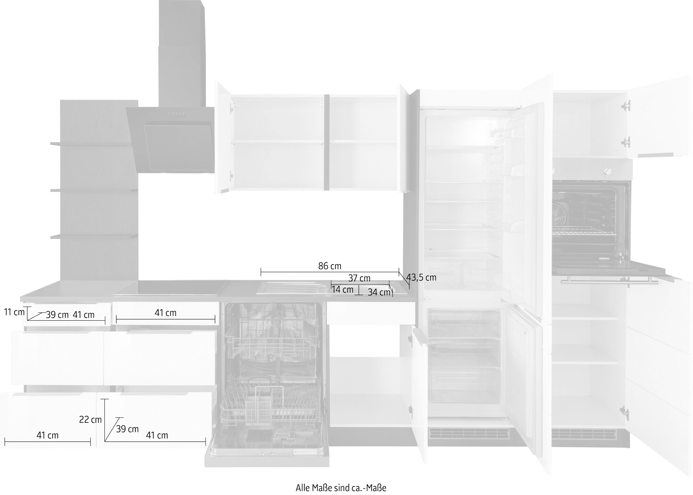 KOCHSTATION Küchenzeile »KS-Brindisi Breite 340 cm« wahlweise mit E-Geräten und Induktion, mit MDF-Fronten und Regal