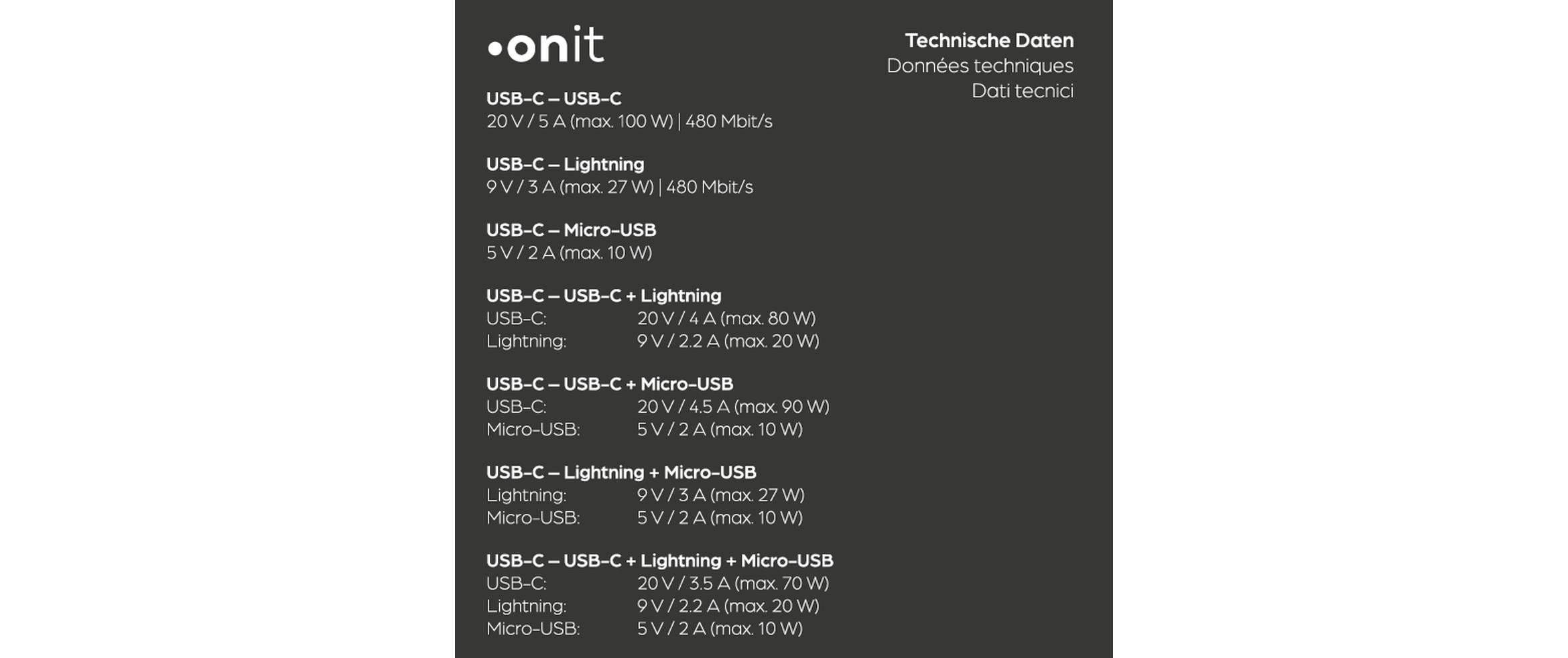 onit USB-Kabel »2.0-Kabel - Lightning/USB-C/Micro-USB B, 1,2 m« 120 cm Multiadapterkabel mit einer Ladeleistung von bis zu 100 W