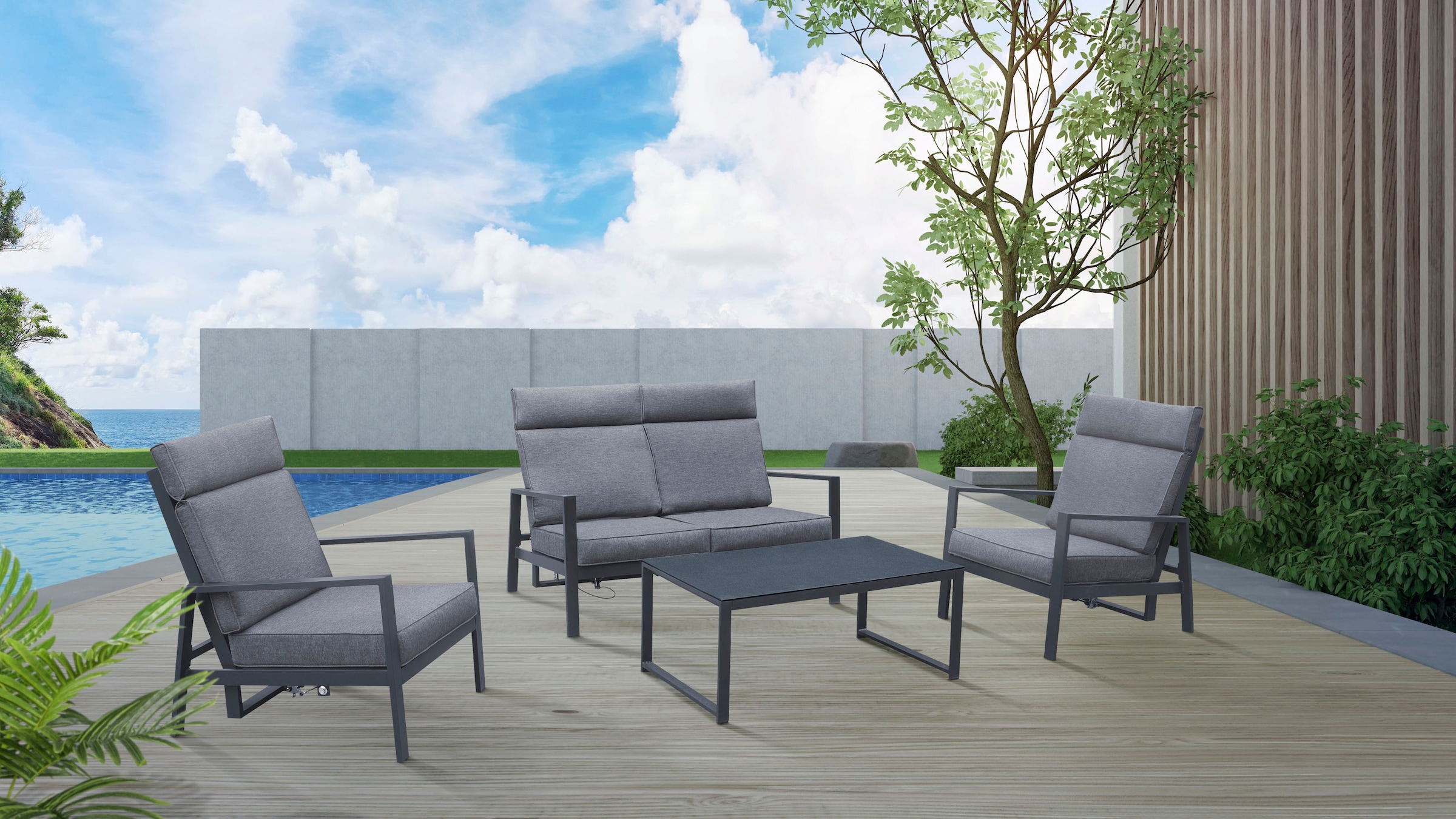 KONIFERA Gartenlounge-Set »Detroit«, (Set, 4 tlg., 1x 2er Sofa, 2x Sessel, 1x Tisch 100x60x42 cm, Aluminium), verstellbare Rückenlehnen