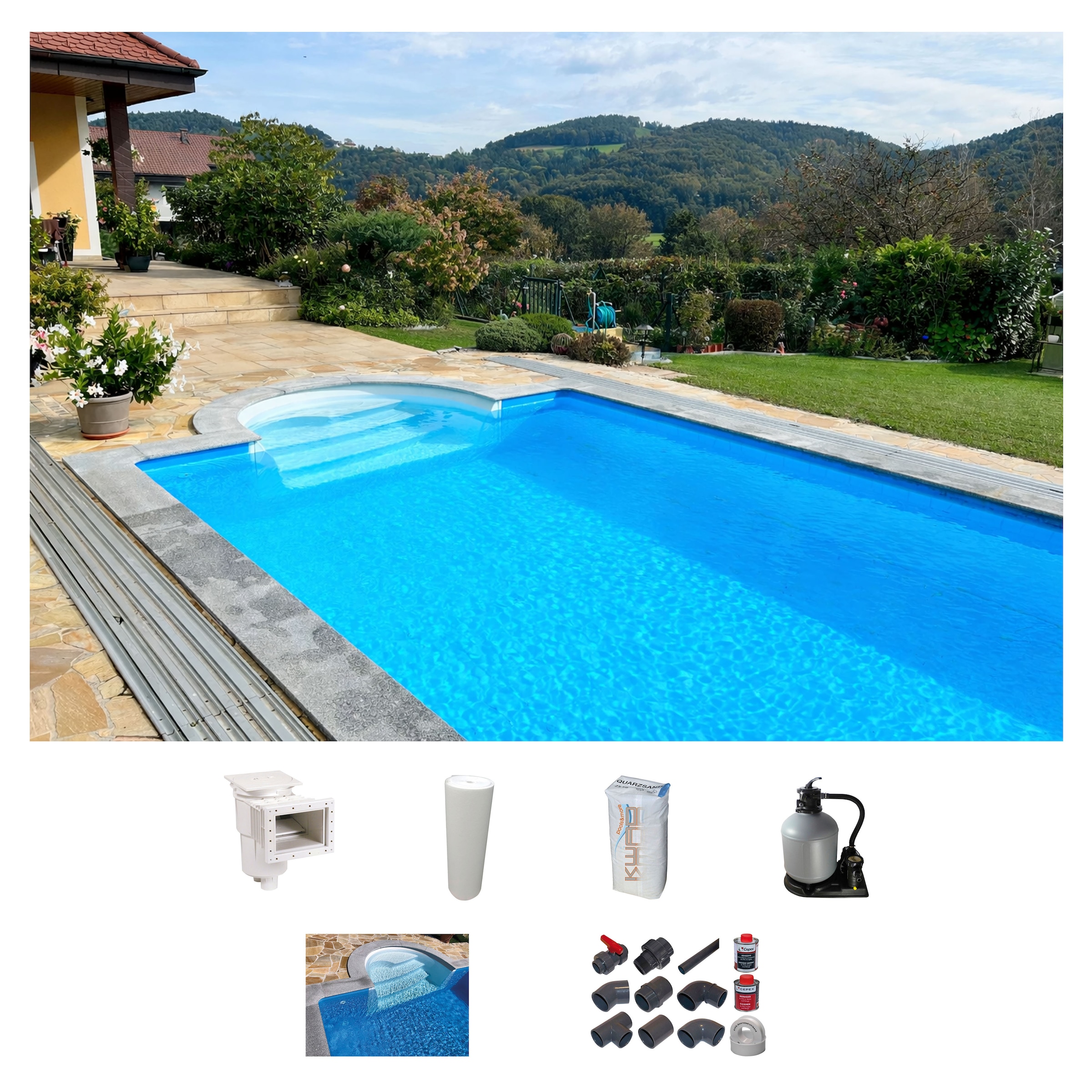 KWAD Rechteckpool "mit Römertreppe" 8x4, 7x3,5 oder 6x3m Höhe: 1,50m, mit Foliensack 0,6mm