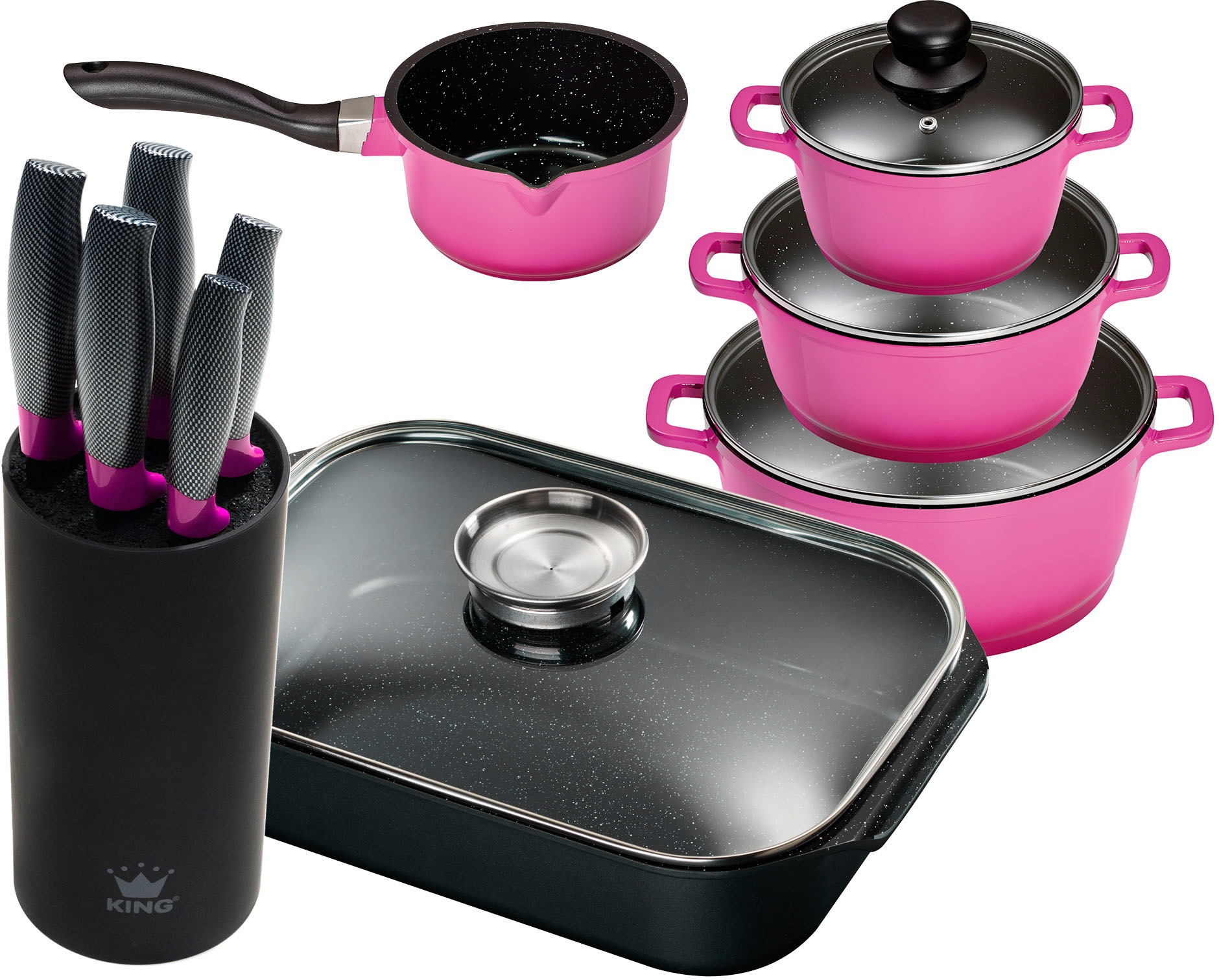 KING Topf-Set Set, 4 Töpfe, 3 Deckel, Bräter, 1 Messerblock, 5 Kochmesser, günstig online kaufen