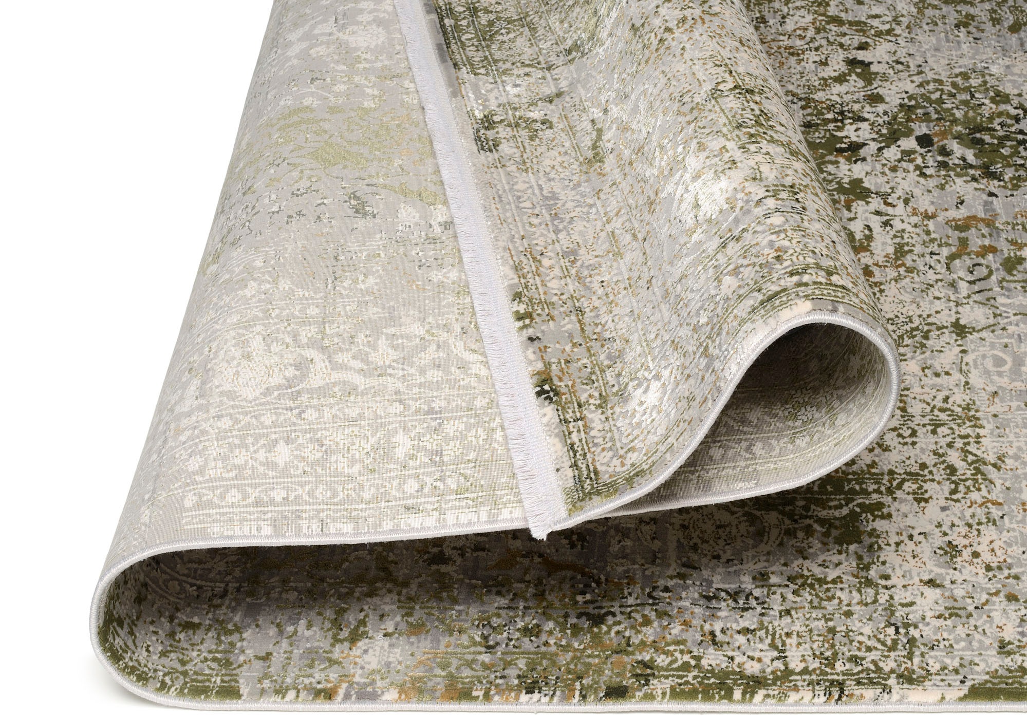Teppich OCI DIE TEPPICHMARKE "BESTELLER CAVA", grün (grün, grau), B:240cm H:8mm L:240cm, Viskose, Teppiche, Teppich, Glanz Viskose, mit Fransen, Hoch Tief Struktur, Vintage, Wohnzimmer 3