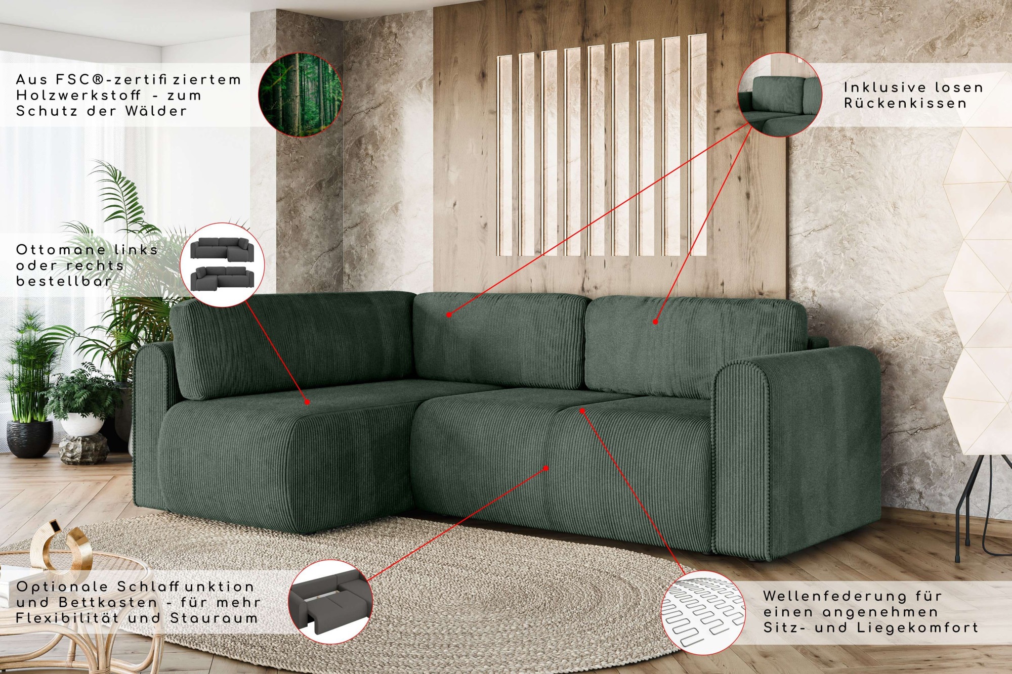 Thumbnail - OTTO home Ecksofa "Zacharia wahlweise Schlafsofa mit Bettkasten, B/T/H 250/166/86 cm" L-Form mit Wellenunterfederung, Ot...