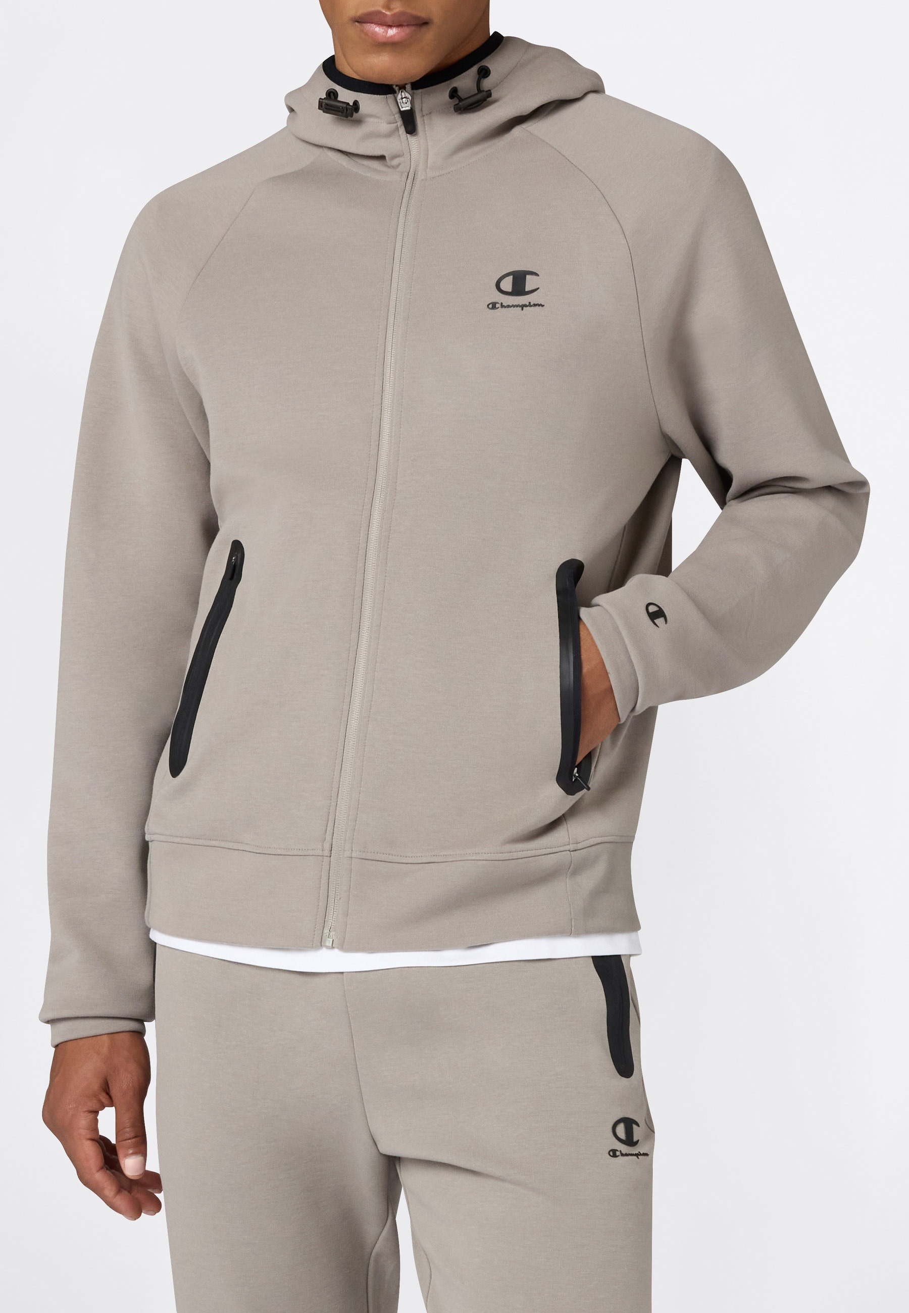 Champion Windbreaker "C-TECH Interlock Hooded Full Zip Sweatshirt" mit thermoverschweißten Taschen, aus Polyester, Baumwolle und Elasthan