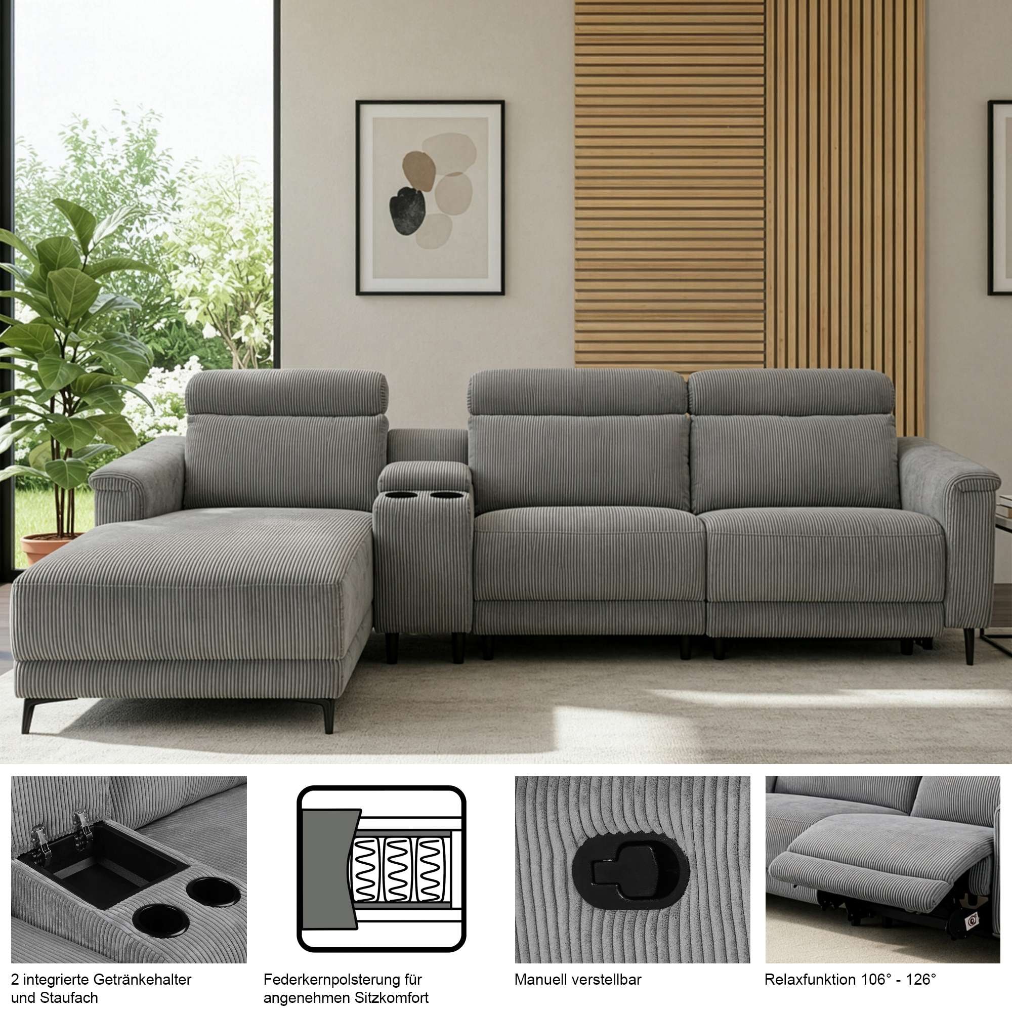 OTTO home Ecksofa »LUND Kinosofa, L-Form, 298cm, man./elektr. Relaxfunktion (mit USB-A/C)« USB-A/C bei elektr.Variante, Kopfteilverstellg/Getränkehalter/Staufach