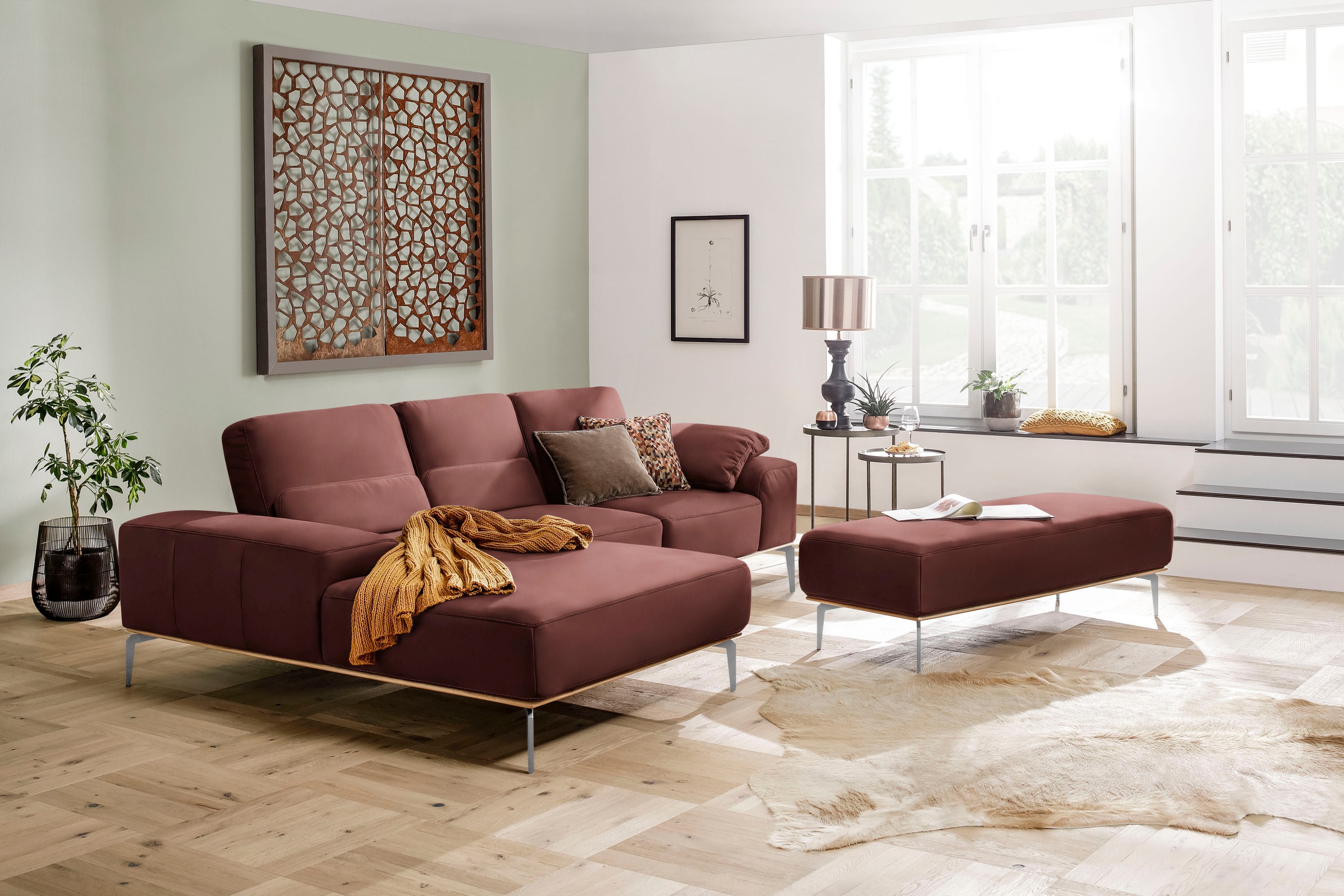 W.SCHILLIG Ecksofa »run, Designsofa mit tollem Sitzkomfort, L-Form«, mit elegantem Holzsockel, Füße in Chrom glänzend, Breite 279 cm