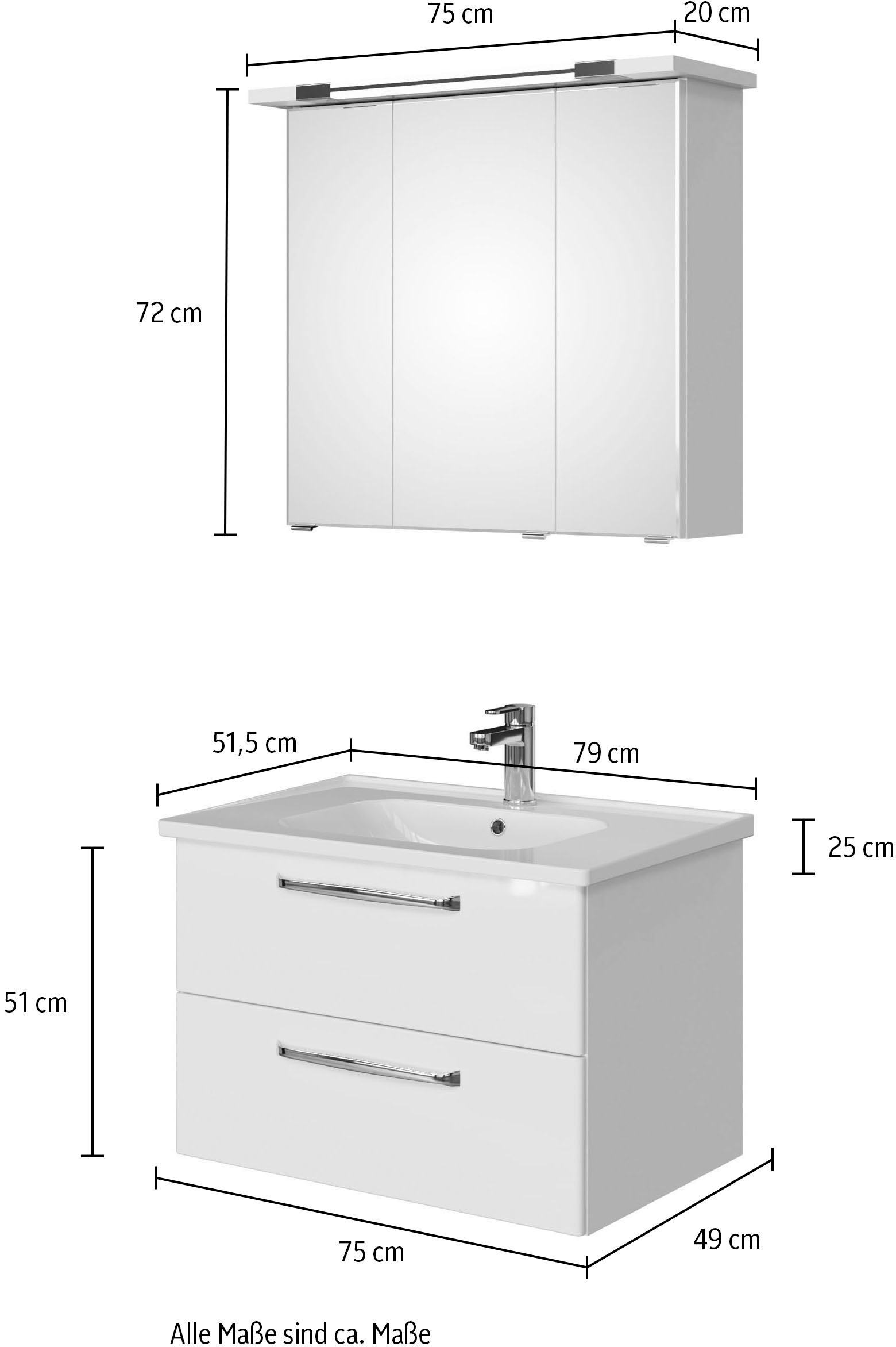 Saphir Badmöbel-Set »Trentino 2-teilig Keramik-Waschtisch, Spiegelschrank mit LED-Profil«, (3 St.), Badmöbel-Set 79cm breit, inkl. Türdämpfer, 3 Türen, 2 Auszügen