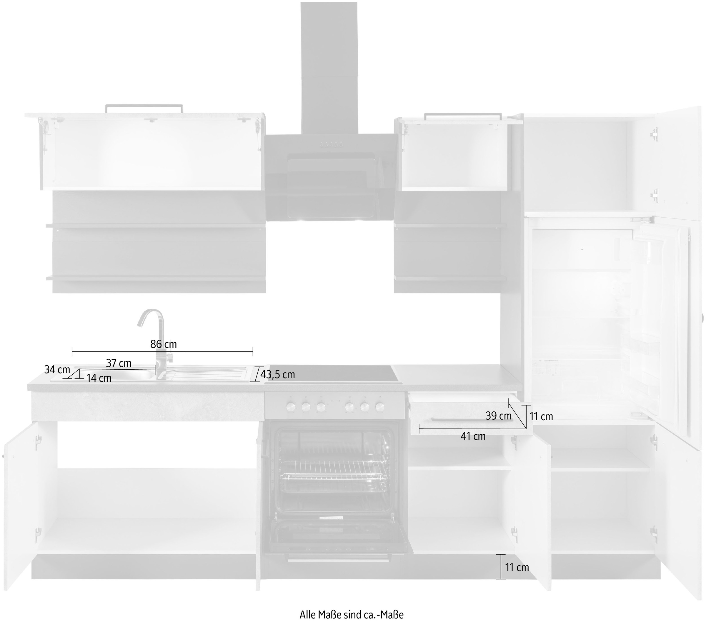 KOCHSTATION Küchenzeile »KS-Tulsa«, ohne E-Geräte, Breite 270 cm, schwarze Metallgriffe, MDF Fronten