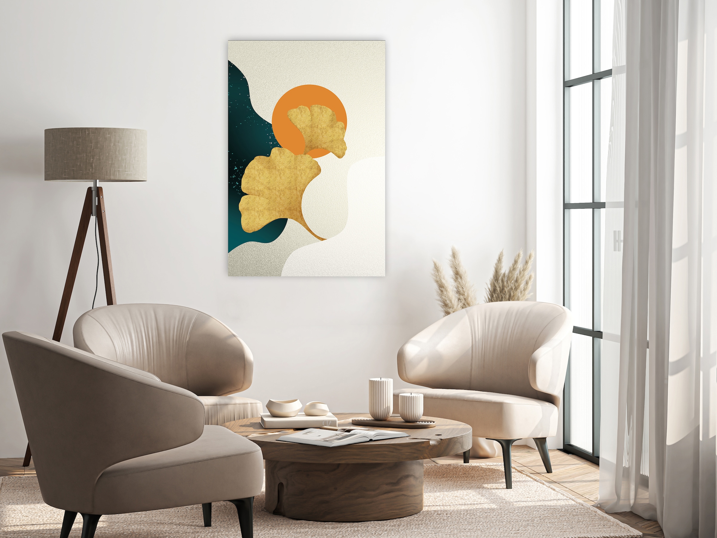 queence Leinwandbild »Gingkoblatt Abstrakte Kunst, Canvas Bild von Hand bespannt« 1 Stk. tlg. Zeitlose Ginkgo-Motive in hellen Farben