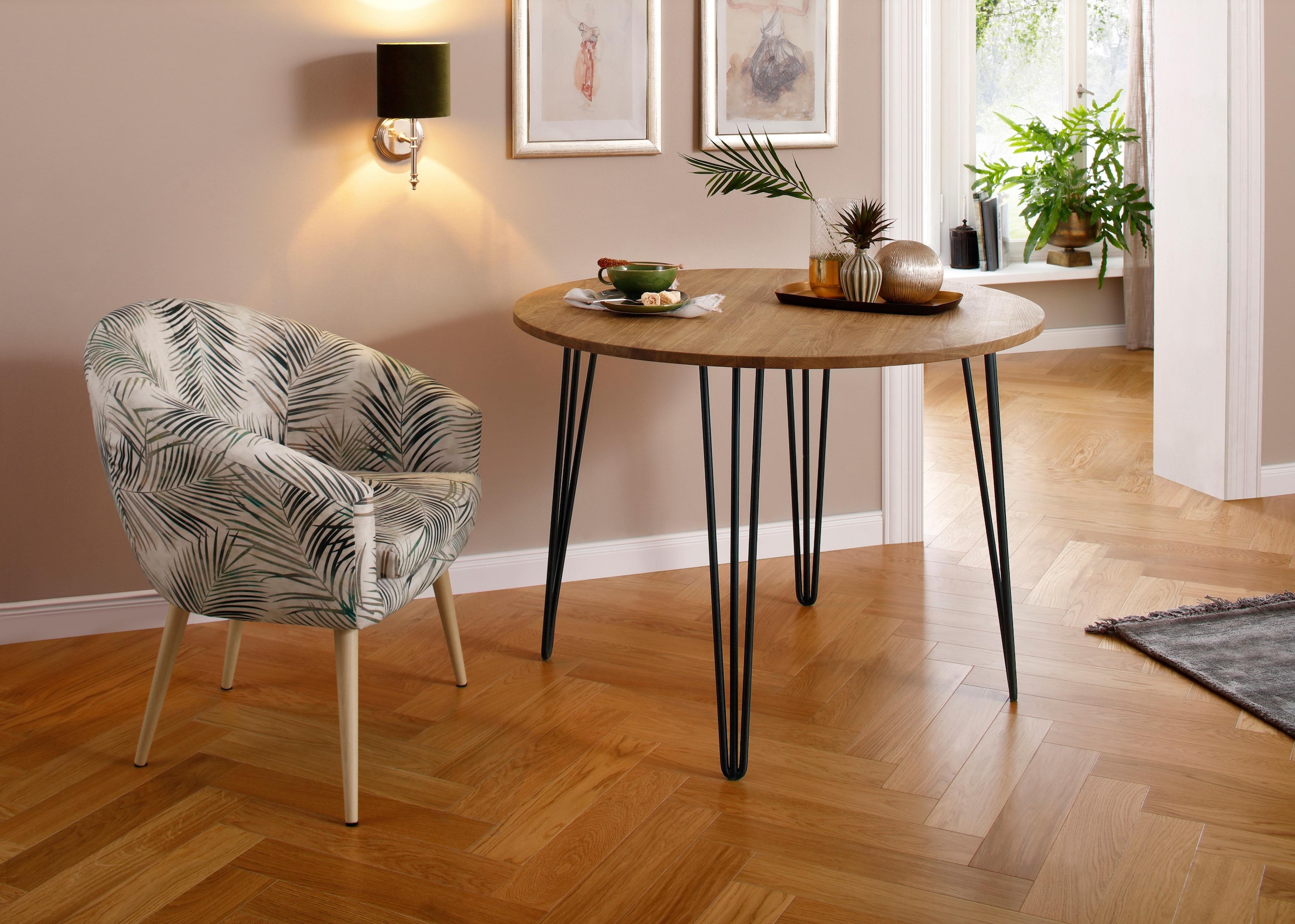 Home affaire Esstisch "Hairpin", Holztisch aus Eichenholz, mit Metallbeinen günstig online kaufen