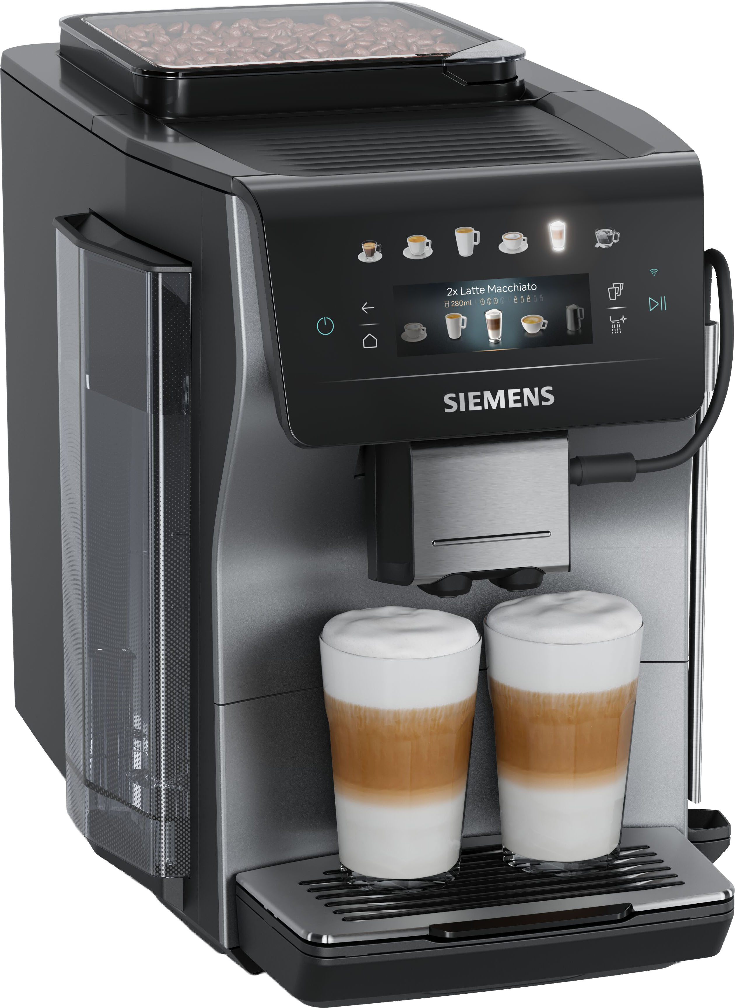 SIEMENS Kaffeevollautomat "EQ600 TP603E07, 6 Getränke, XL-Getränke, bis zu 480ml, Keramikmahlwerk" Doppeltassenfunktion, Kannenfunktion, entnehmbare Brüheinheit, Silber