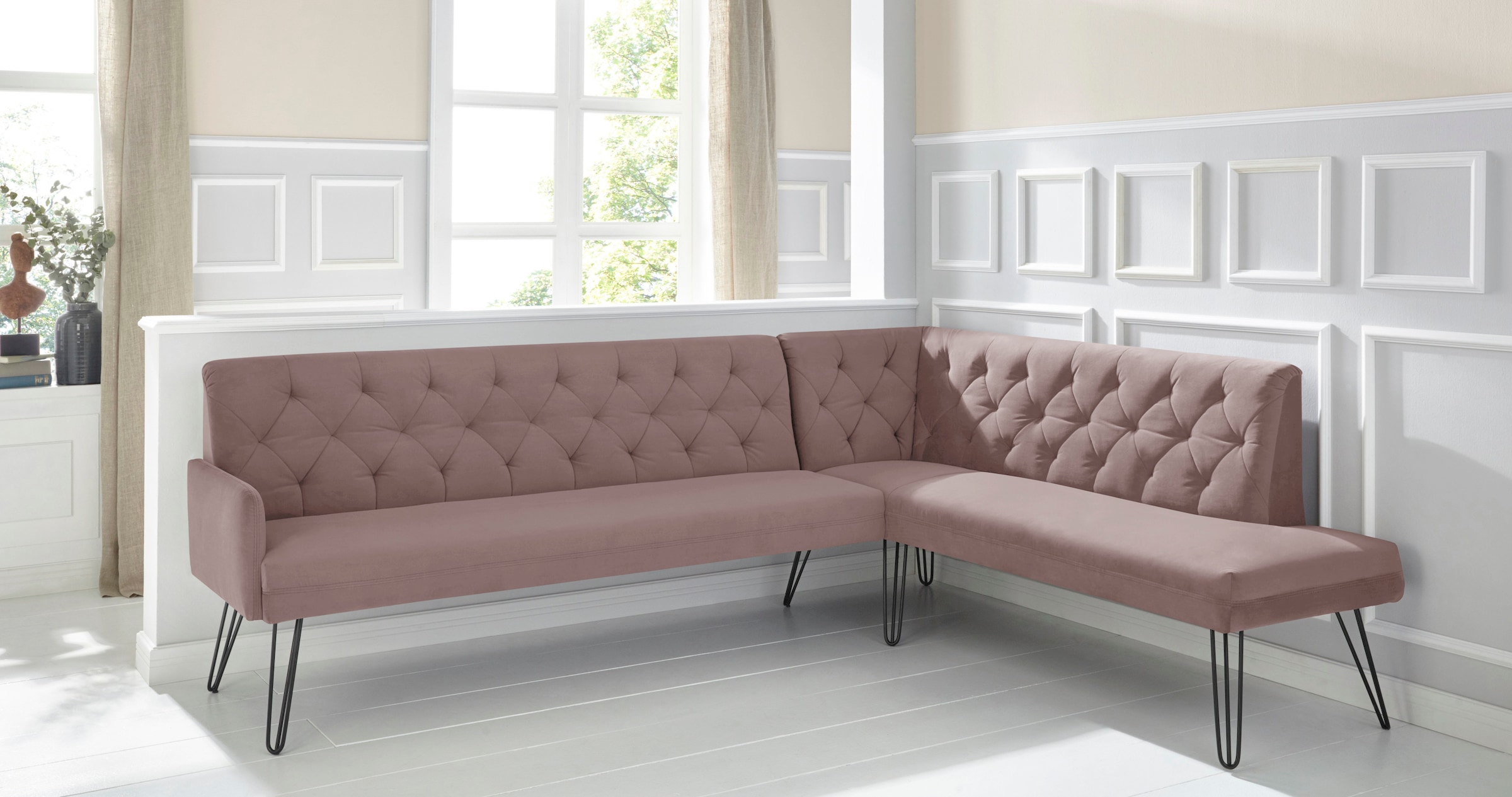 exxpo - sofa fashion Eckbank "Doppio, Chesterfield Optik, komfortabel und bequem, hohe Designfüße", Frei im Raum stellba