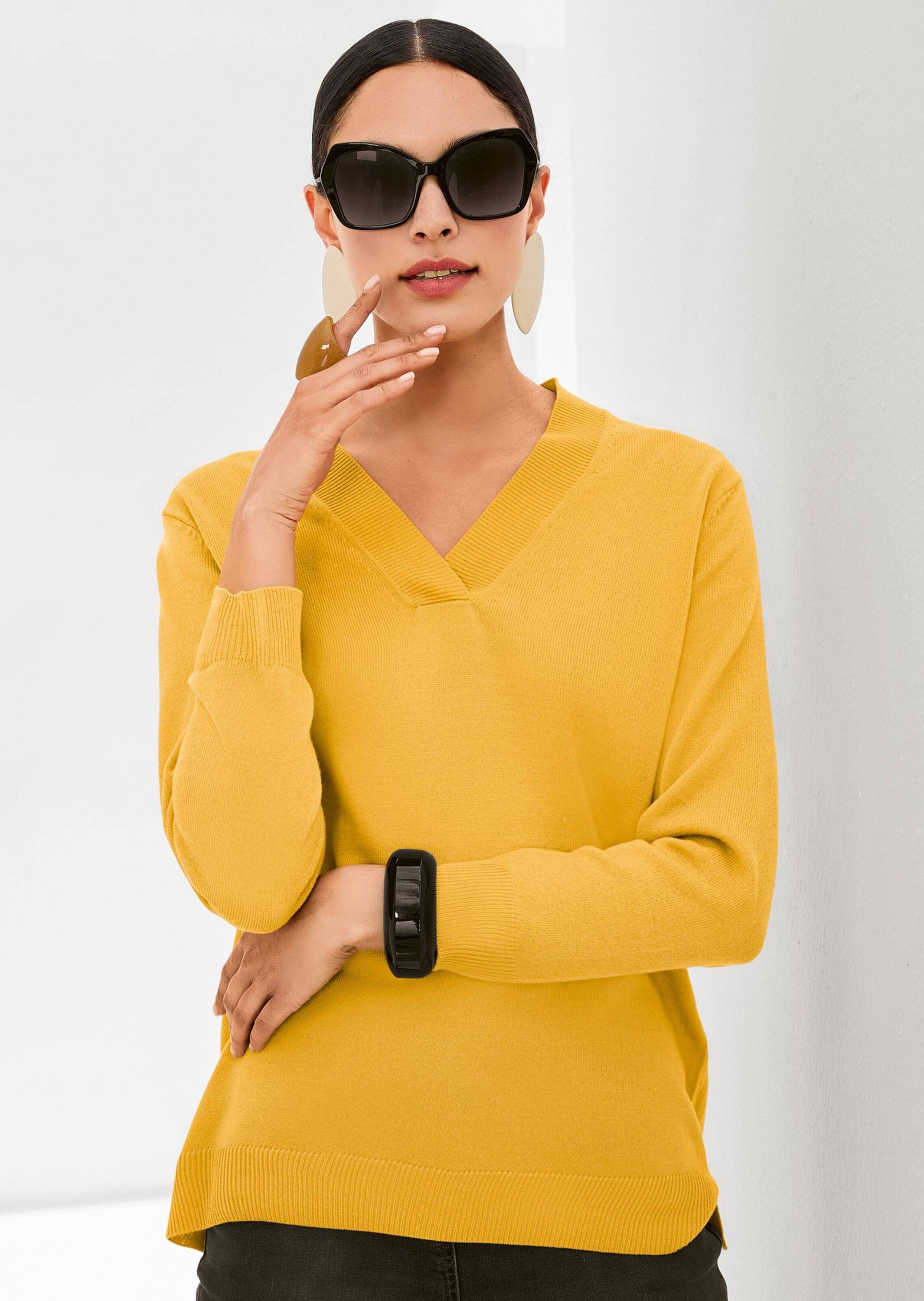 MADELEINE Longpullover »Pullover Glattstrick-Pullover mit V-Ausschnitt«