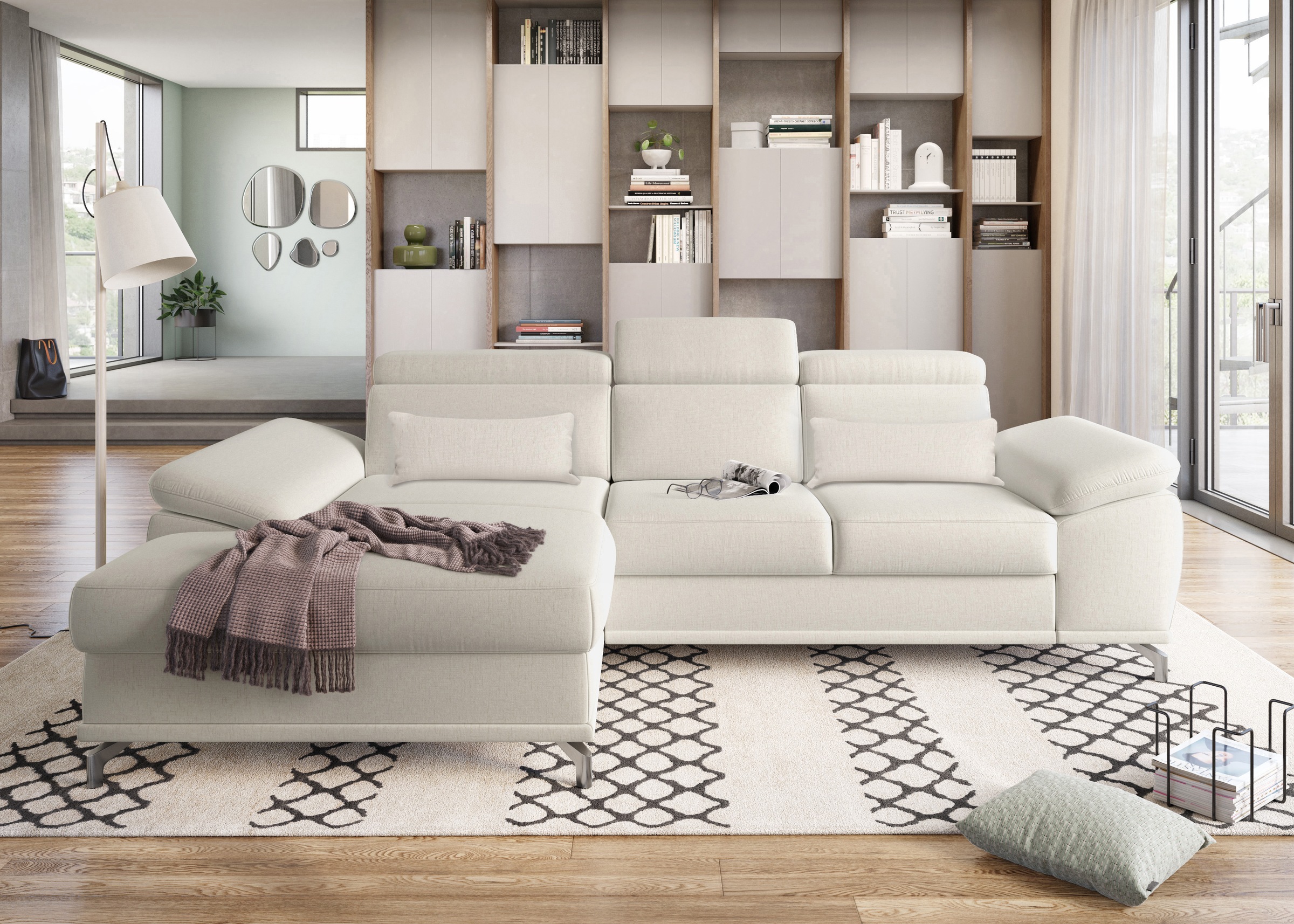 sit&more Ecksofa »Cabrio L-Form, mit Sitztiefenverstellung, Arm- und Kopfteilverstellung«, 2 Nierenkissen, Federkern, optional Bettfunktion und Stauraum