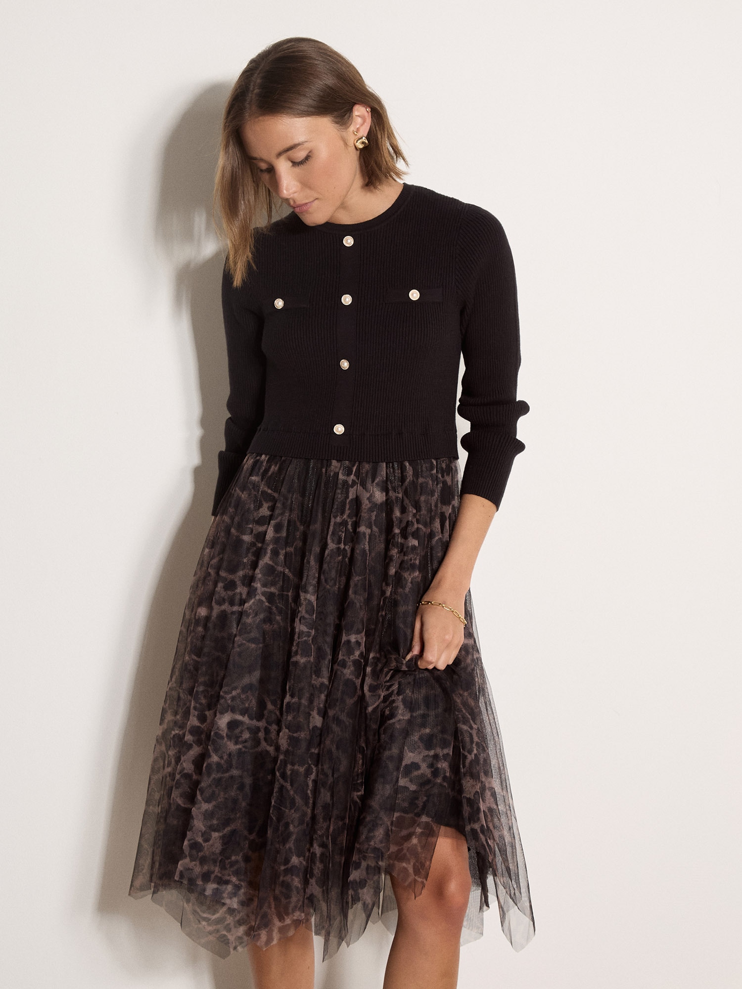 Apricot Midikleid »Wadenlanges Kleid« mit Tüllrock und Zierknöpfen