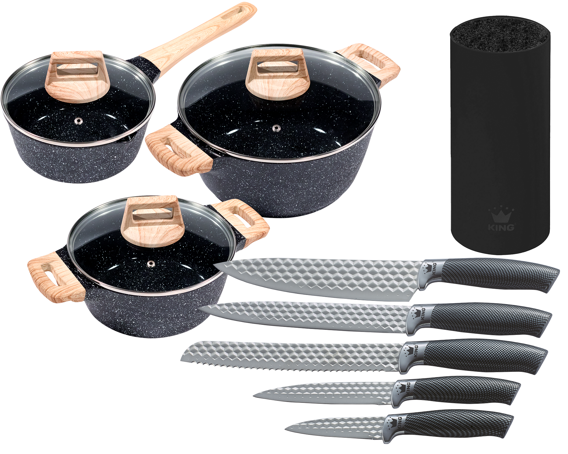 KING Topf-Set ""ESSENTIAL" Aluminiumguss, Induktion, Antihaftbeschichtung" Set, 2 Töpfe, 1 Stieltopf, 3 Glasdeckel, 12 Stk. tlg. Aluminiumguss