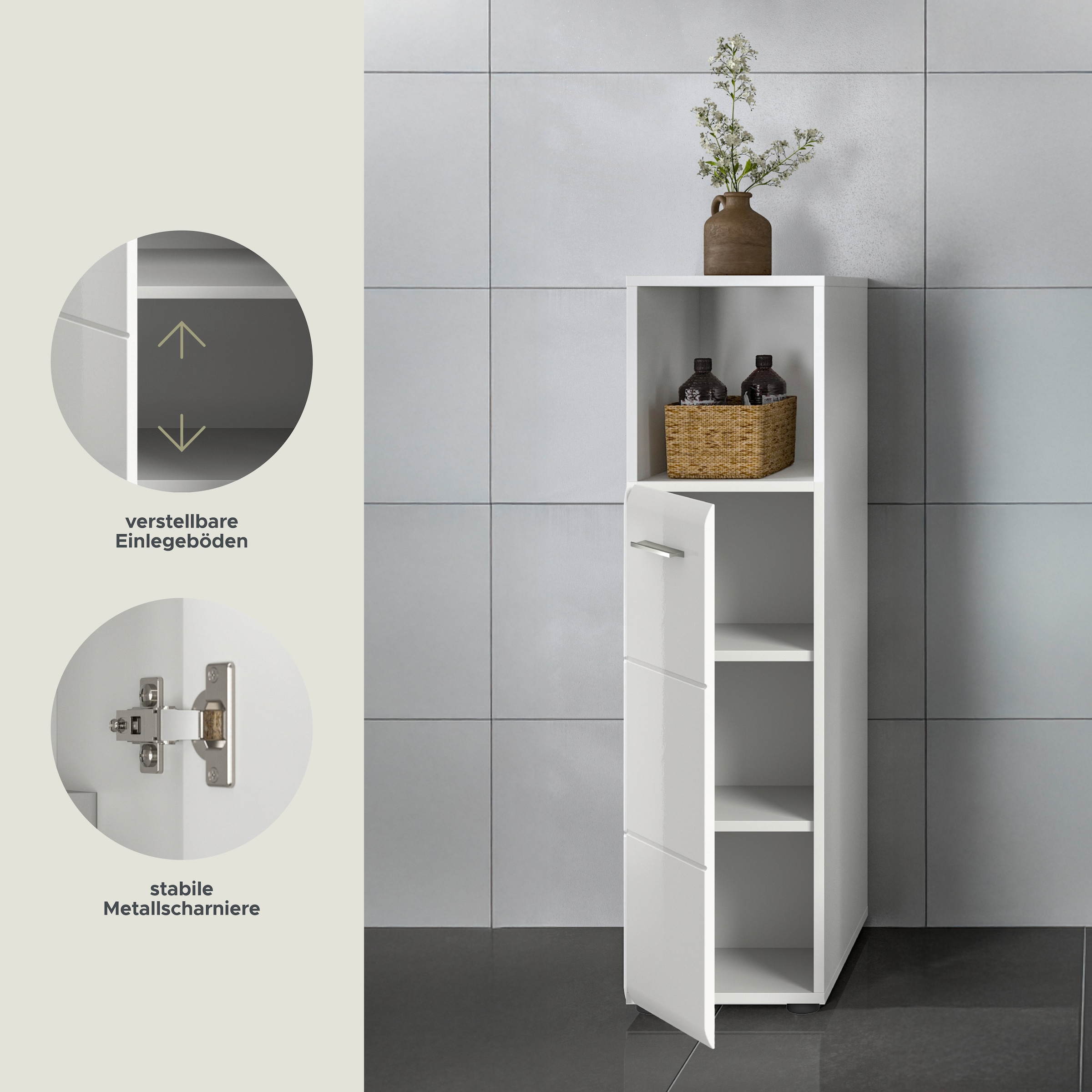 INOSIGN Midischrank »FLORENZ, TOPSELLER!, Höhe 110 cm, 1 Tür, 2 Fachböden, 1 offenes Fach«, Türanschlag wechselbar, hochwertige MDF Front, Badschrank, Bad