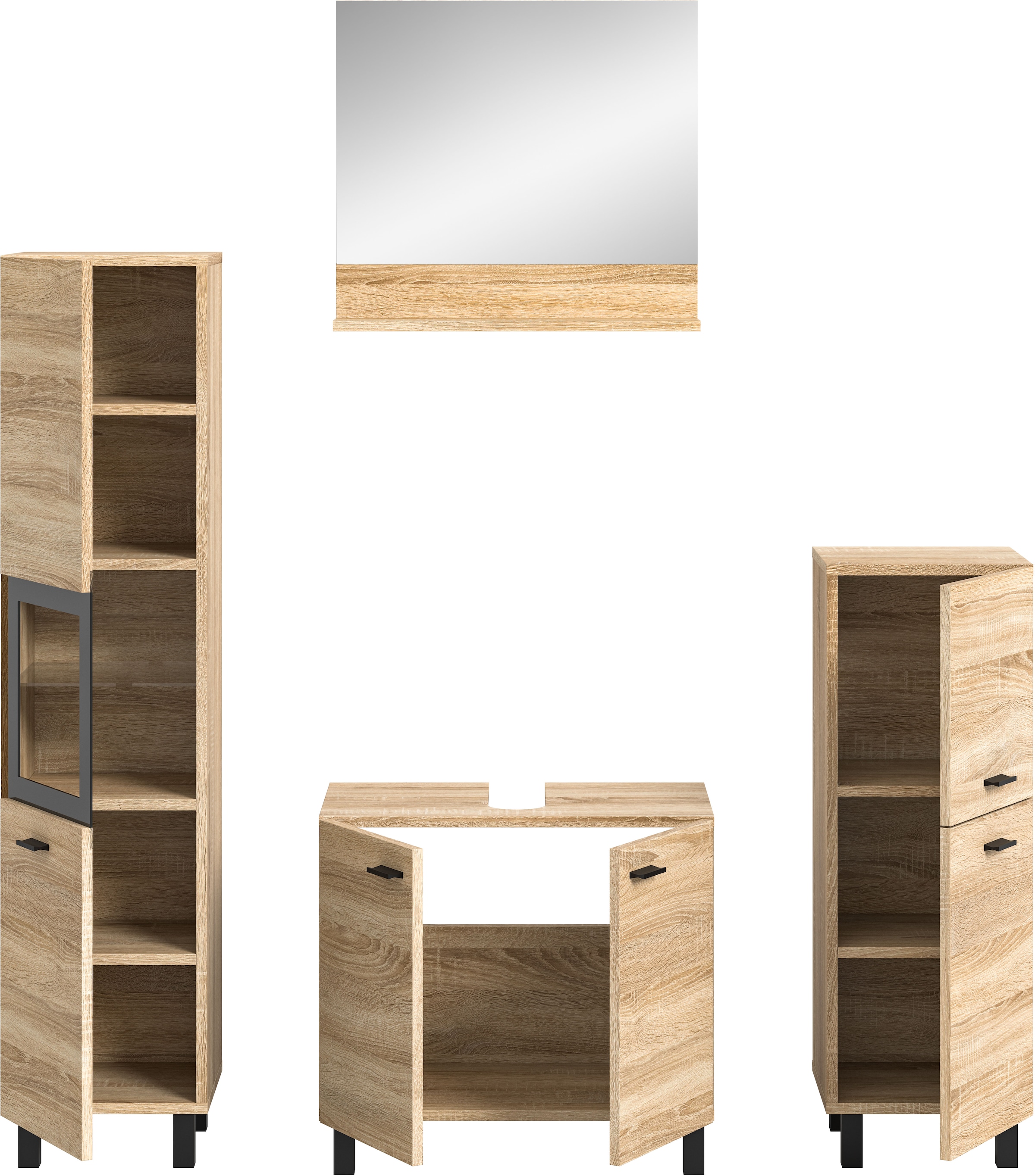 welltime Badmöbel-Set »Tampa, Breite 137cm, 4-teilig«, (4 St.), Waschbeckenunterschrank, Spiegel, Hochschrank, Midischrank