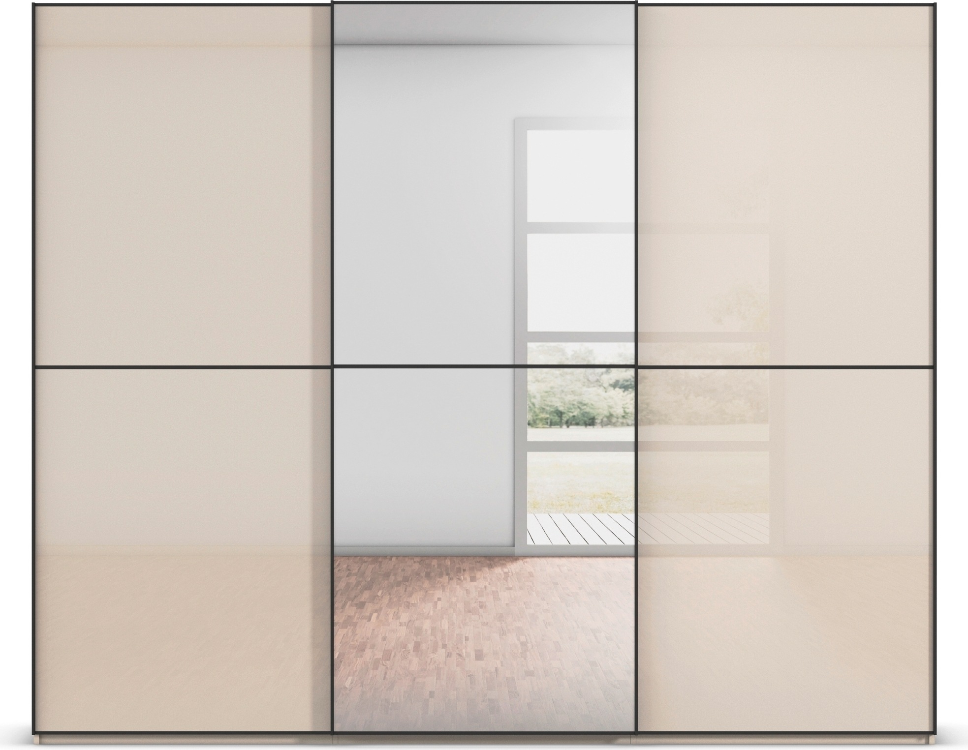 rauch Schwebetürenschrank »Kleiderschrank Schrank Garderobe Schlafzimmerschrank SCALE-DUO«, edle zweigeteilte Türen Spiegel/Glas-Mix 3 Zierleisten MADE IN GERMANY