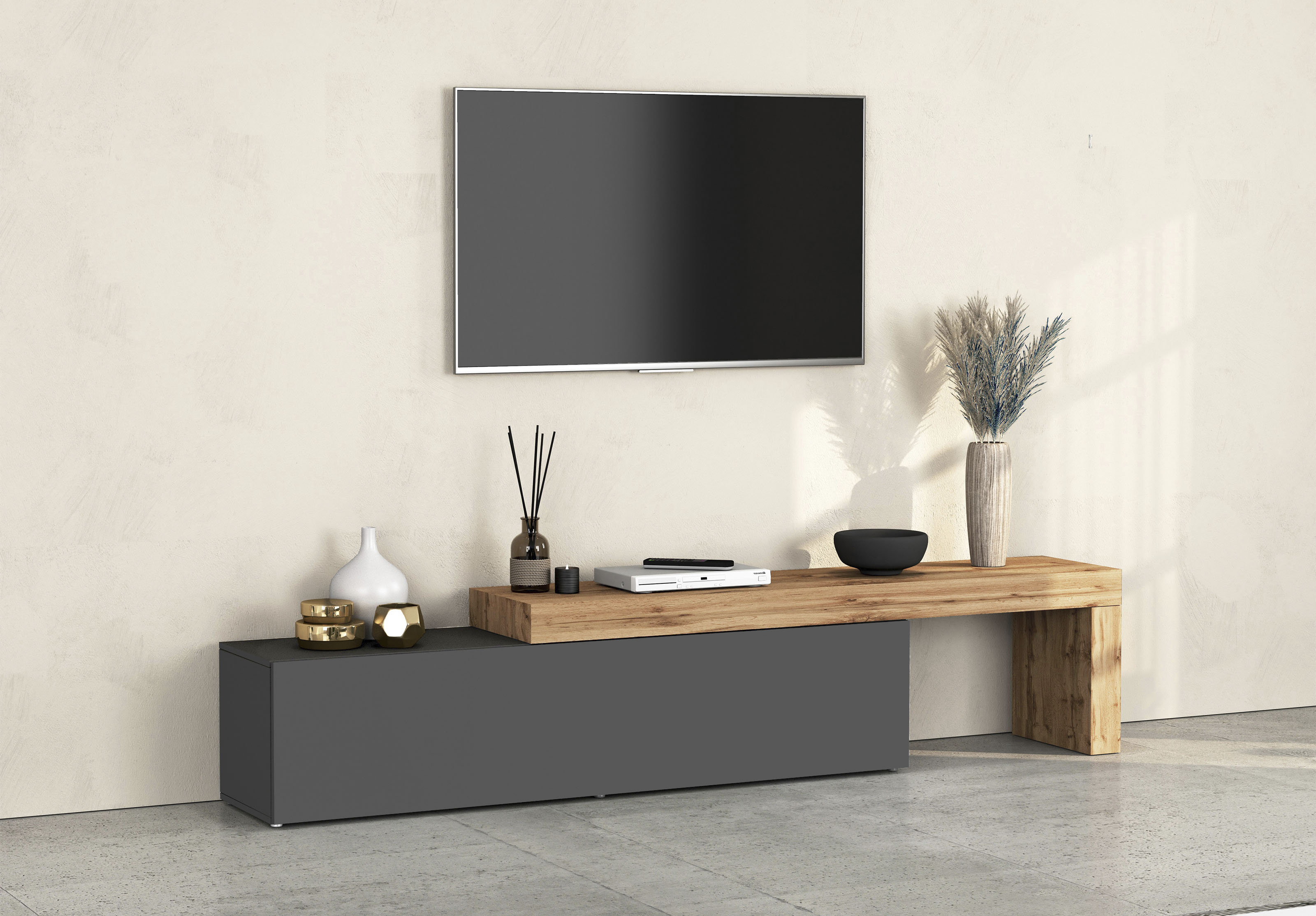 OTTO home Lowboard "Lowboard Chronos TV-Board, TV-Schrank" Spar-Set, Breite verstellbar von 190 bis 350 cm, 1 Stk. tlg. Breite 270 cm TV-Board,Lowboard,1 Klappe und ein L-Förmiger Aufsatz