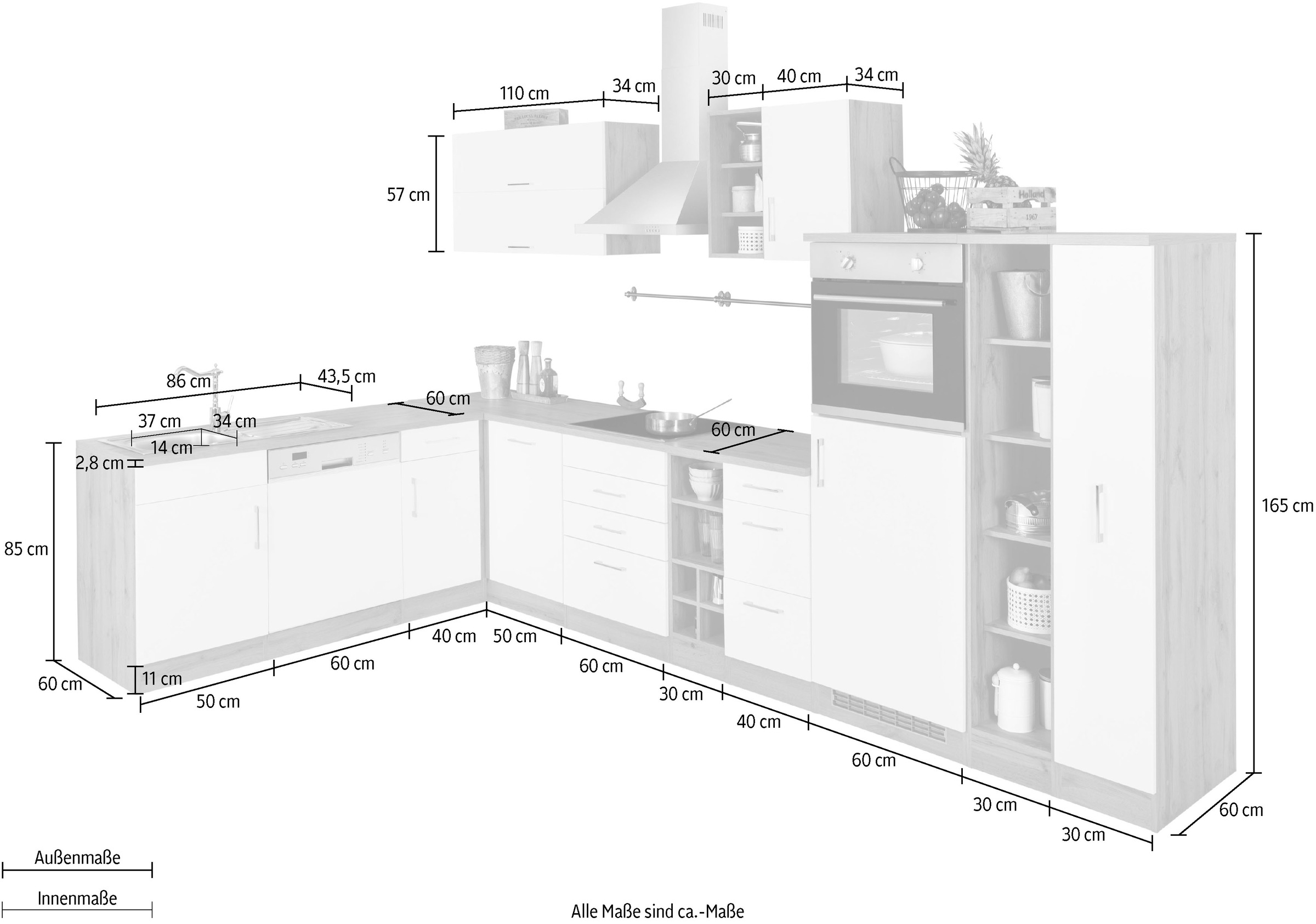 HELD MÖBEL Winkelküche »Colmar«, mit E-Geräten, Stellbreite 210/360 cm