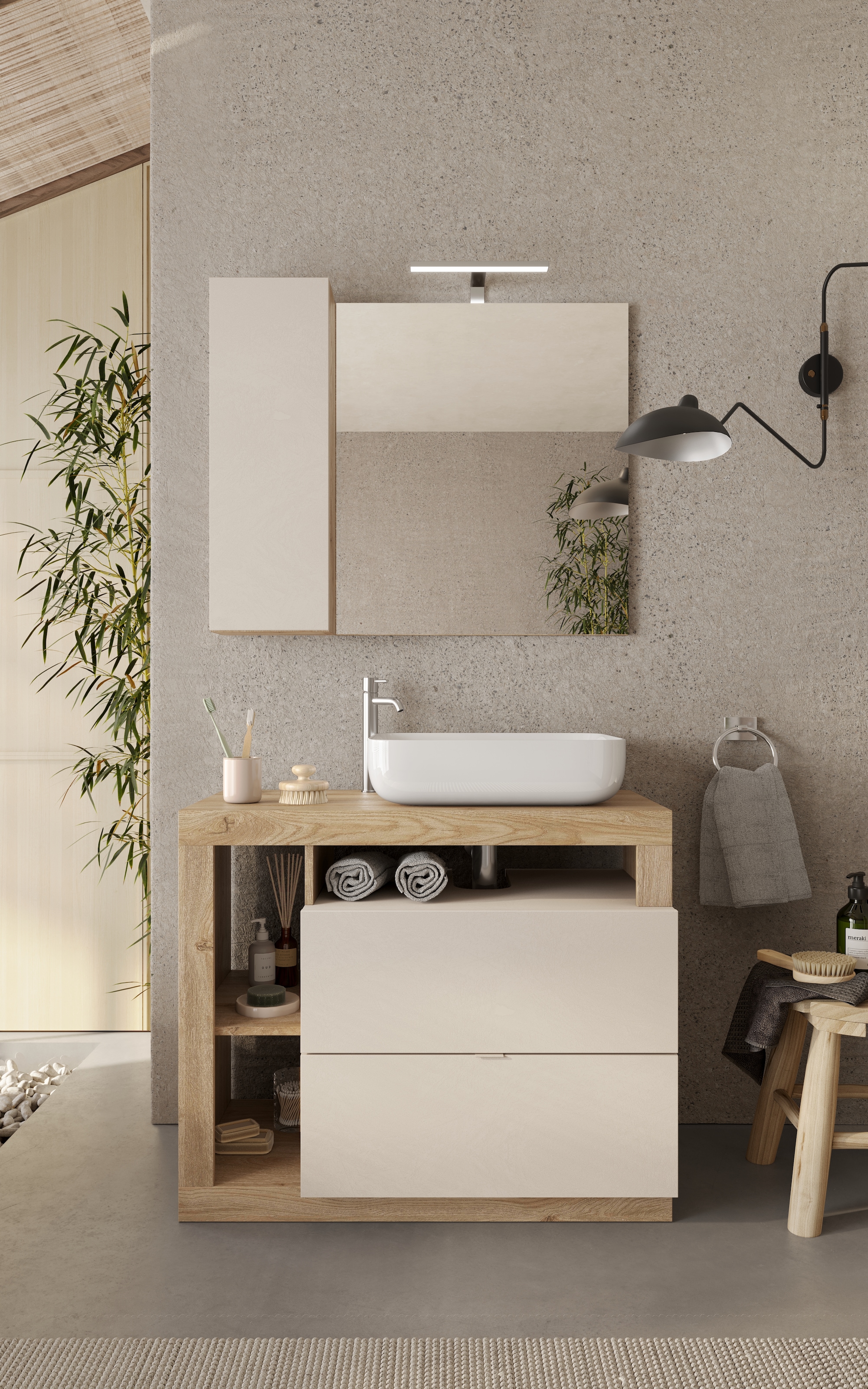 welltime Badmöbel-Set »Hamburg, Badezimmerset 2tlg. Breite 92 cm, Badmöbel, Waschtisch inkl.«, (Spar-Set, 2 St.), Waschbecken, Spiegelschrank mit LED Aufbauleuchte, Soft-Close-Funktion