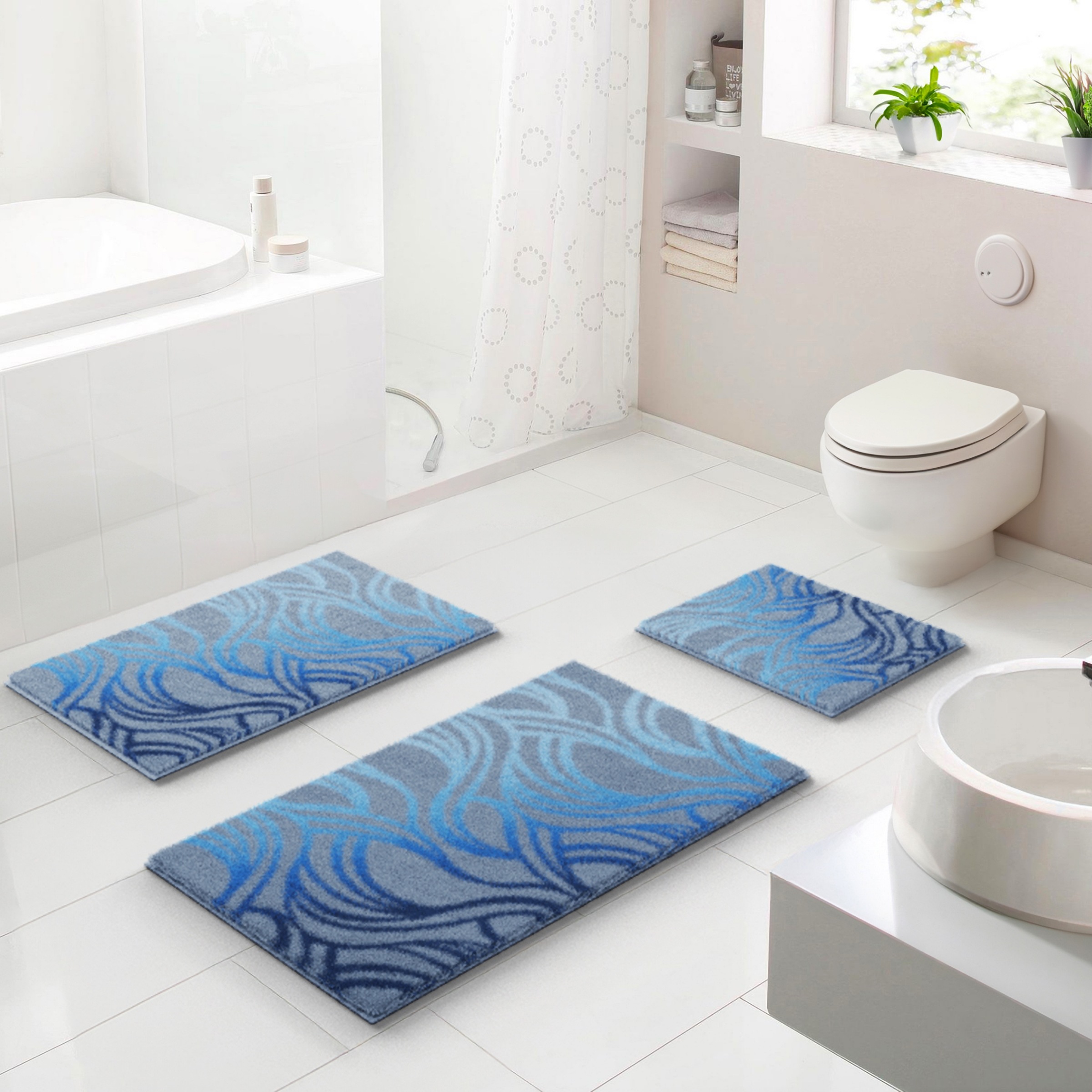 Badematte GRUND, H:20mm, blau, Polyacryl, Badematten, "Mayra", Frisches Wellenmuster in lebendigen Farben, 5 Jahre Garantie