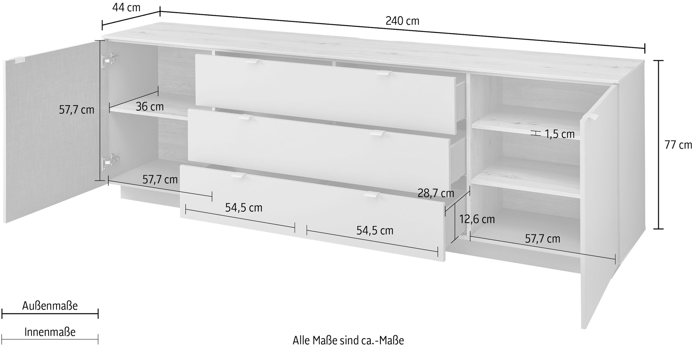 Innostyle TV-Schrank »Core, TV Sideboard Stellmaß B/H/T 240x77x44 cm«, (1 St.), TV Sideboard mit 2 Holztüren und 3 Schubkästen mit Doppelzarge