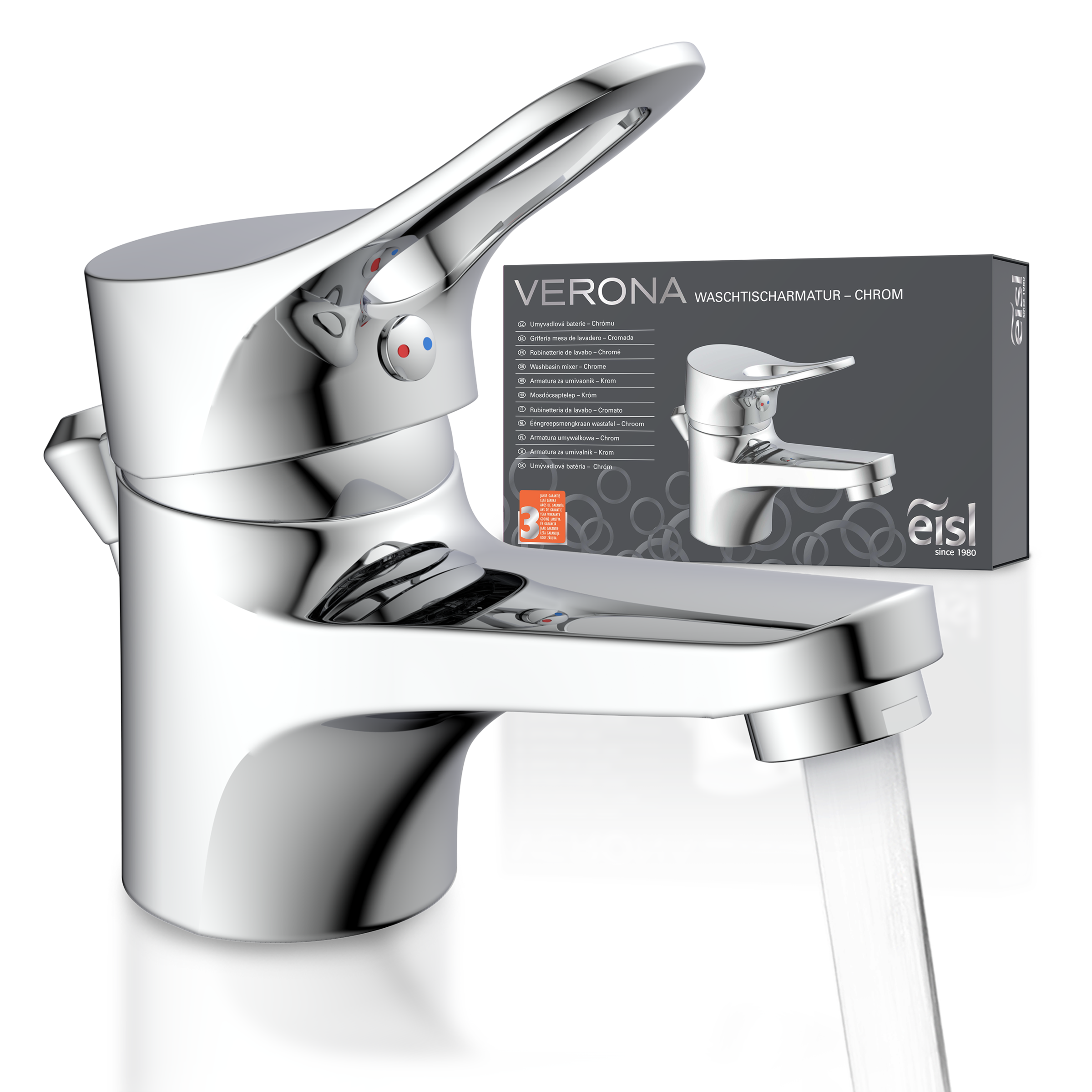 Waschtischarmatur EISL, B:4,9cm H:7,2cm, silber, Messing, Armaturen, "VERONA", mit Zugstange, Wasserhahn mit Ablaufgarnitur, Mischbatterie, Chrom