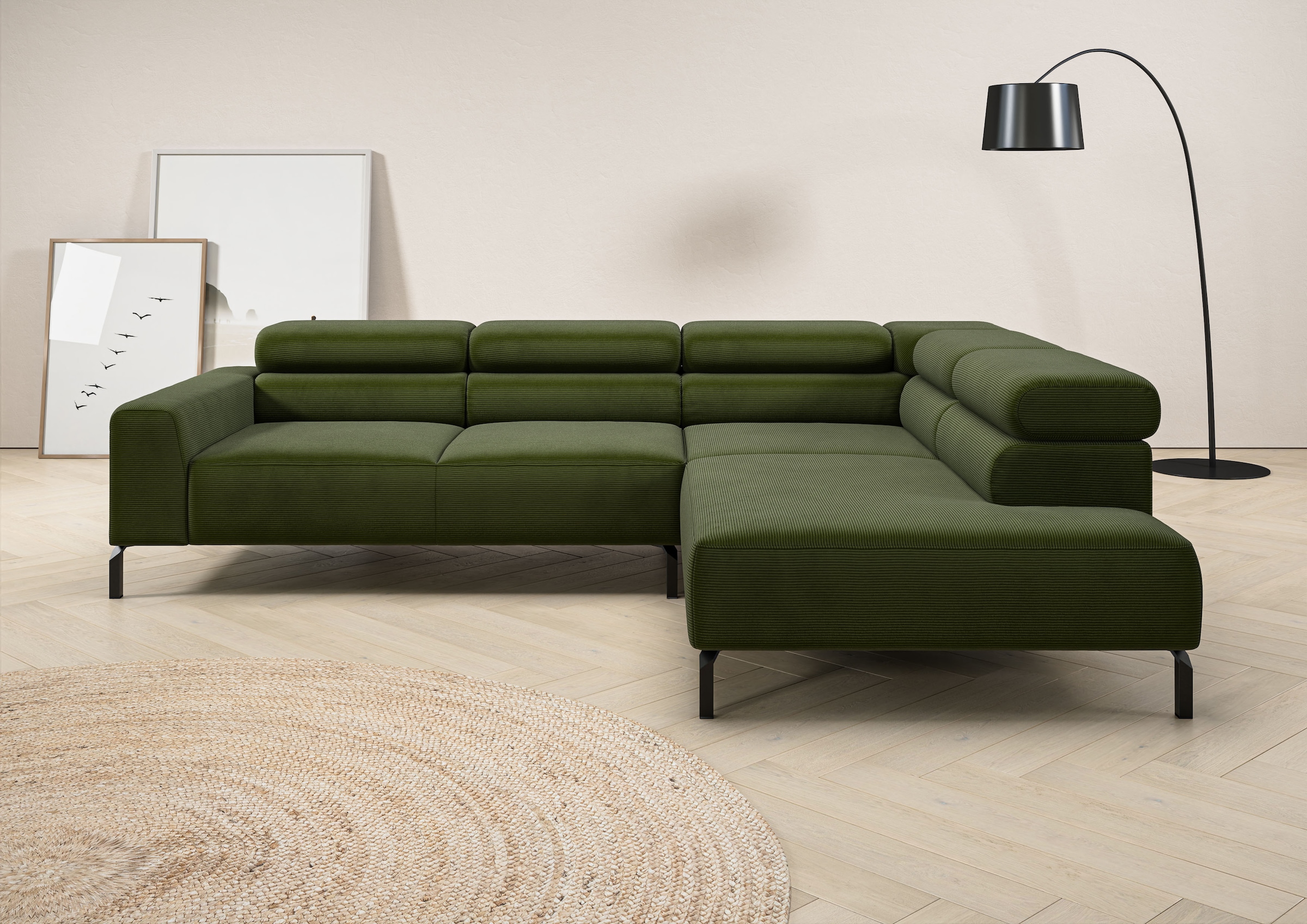 Home affaire Ecksofa "Antonelli, L-Form, inkl. Kopfteilverstellung, Breite 276 cm" ohne Sitztiefenverstellung, in Feincord, moos