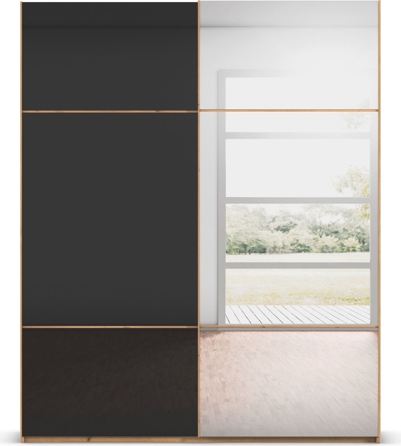 rauch Schwebetürenschrank »Kleiderschrank Schrank Garderobe Schlafzimmerschrank SCALE-TRIO«, edle dreigeteilte Front mit 2 Zierleisten Spiegel/Glas MADE IN GERMANY
