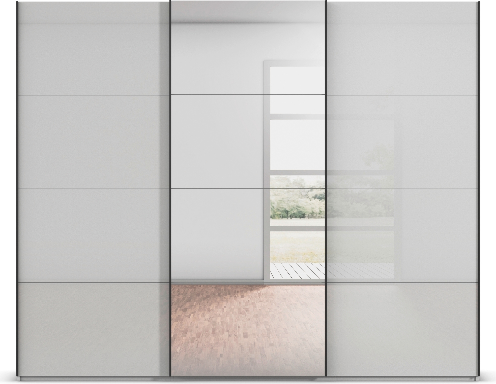 rauch Schwebetürenschrank »Kleiderschrank Schrank Garderobe Schlafzimmerschrank SCALE-FYRA«, edle viergeteilte Türen Spiegel/Glas-Mix viele Farben MADE IN GERMANY