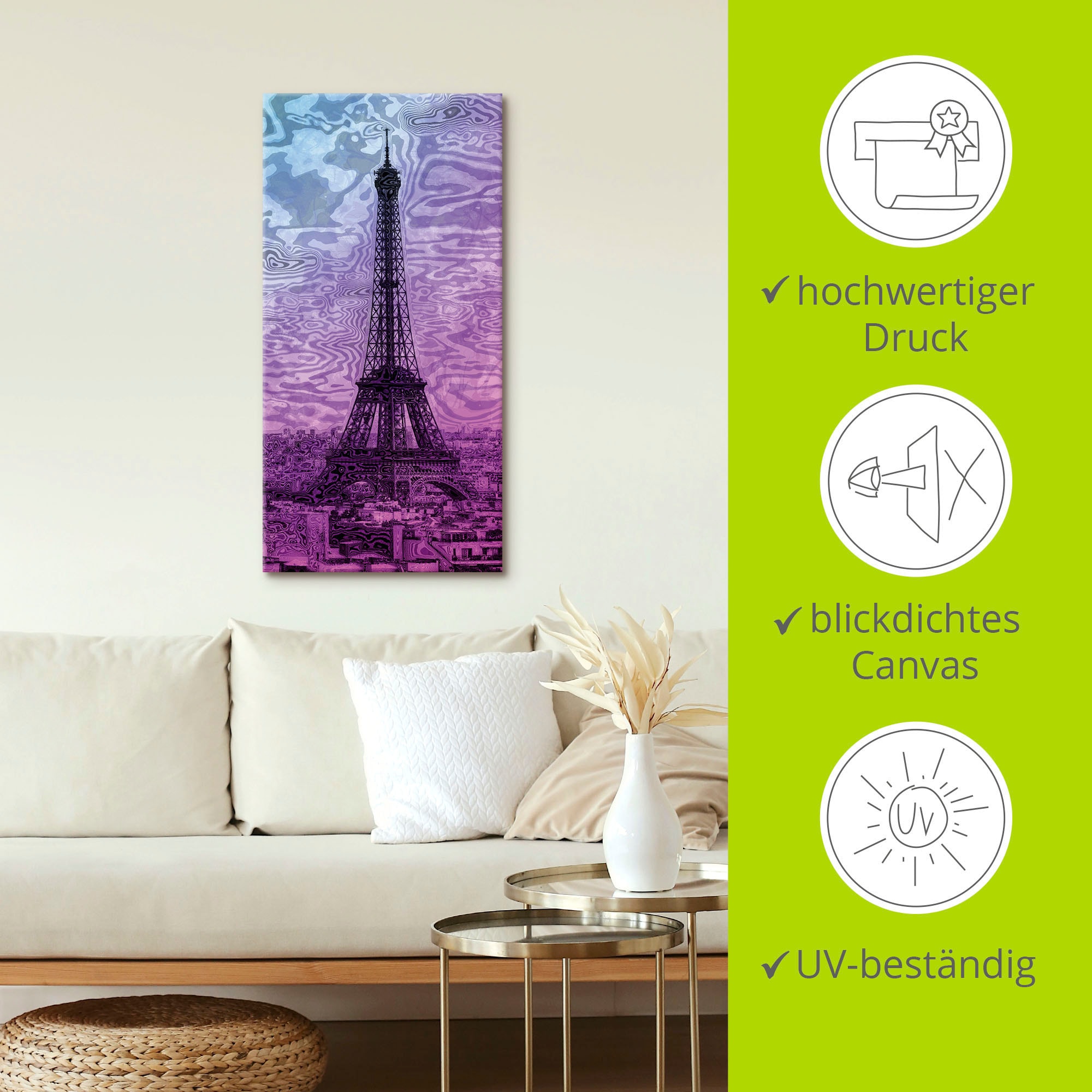 Artland Wandbild »Paris Eiffelturm Lila/Blau« Gebäude 1 Stk. tlg. auf Holzrahmen gespannt